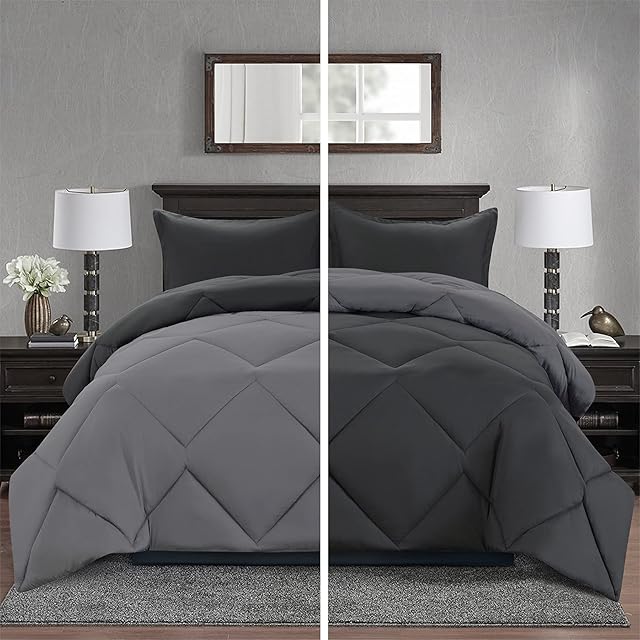 TOPLUXE Double Duvet Set, Lightweight Duvet with 2 Pillow Shams 50x75cm, 300GSM Microfiber Quilt for All Seasons, Machine Washable (200x200cm, Grey & Light Grey)