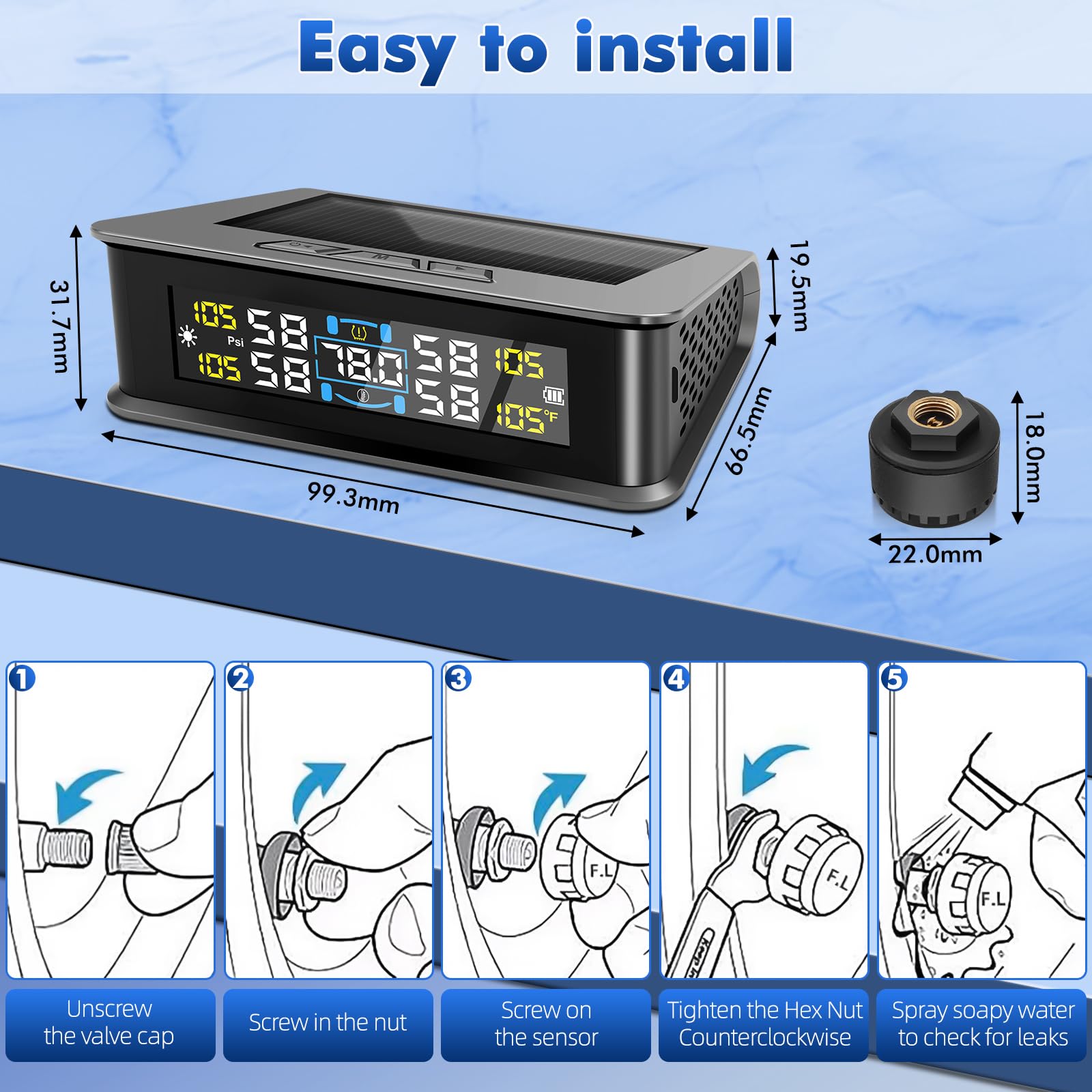 0-5 Bar Sistema di Monitoraggio della Pressione dei Pneumatici TPMS, Solare Wireless e Ricarica USB, 5 modalità di Allarme, 4 Gomme Sensori Esterni, Gamma, Universale per Auto SUV Camper
