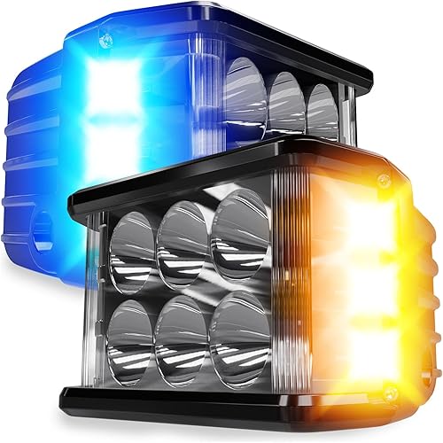ASLONG Disparador lateral LED, 2 luces estroboscópicas de trabajo DRL de 4 pulgadas con amarillo y azul, doble color, intermitente, cubos LED, luz