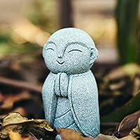 Vista 8 de OwMell Estatua japonesa del monje de Jizo, figura de Buda Jizo, estatua conmemorativa del acuario – Sonriente