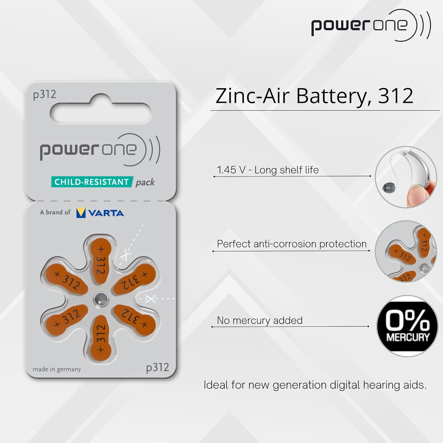 60 Power one Mercury Free Hearing Aid Batteries Size 312 : Health & Household