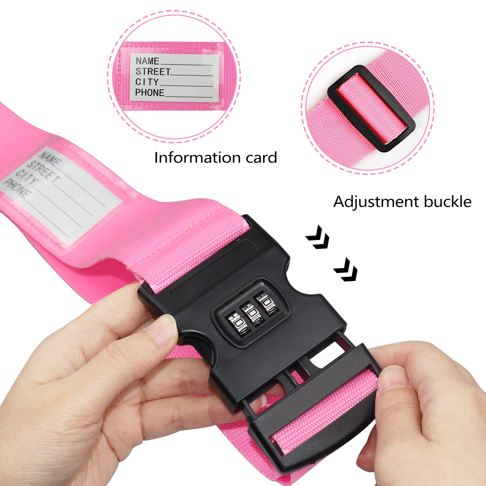 Cinghie per bagagli, 2 cinghie per valigie con blocco password, scheda informativa, accessori da viaggio regolabili, cinture per valigie con fibbia (nero+rosa, set da 2 pezzi