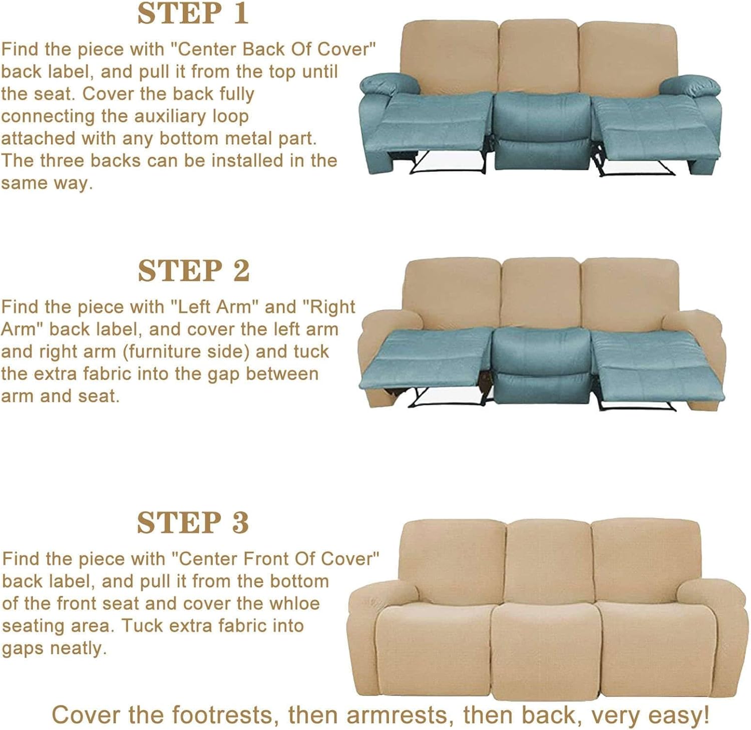 Polyester 8-Piece Recliner Couch Covers 3 Seat, Stretch Soft Lazy boy Reclining Sofa slipcover with Pocket Armchair Covers for Kids Pets Cat Dog-Blue-3 Seat