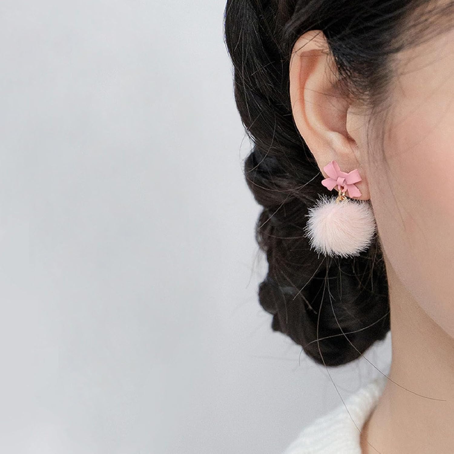 Bow Pom Pom Earrings for Women Winter Pompoms Earrings Pink Blue Fluffy Pom Bowknot Earrings Christmas Party Jewelry Gifts - Image 2
