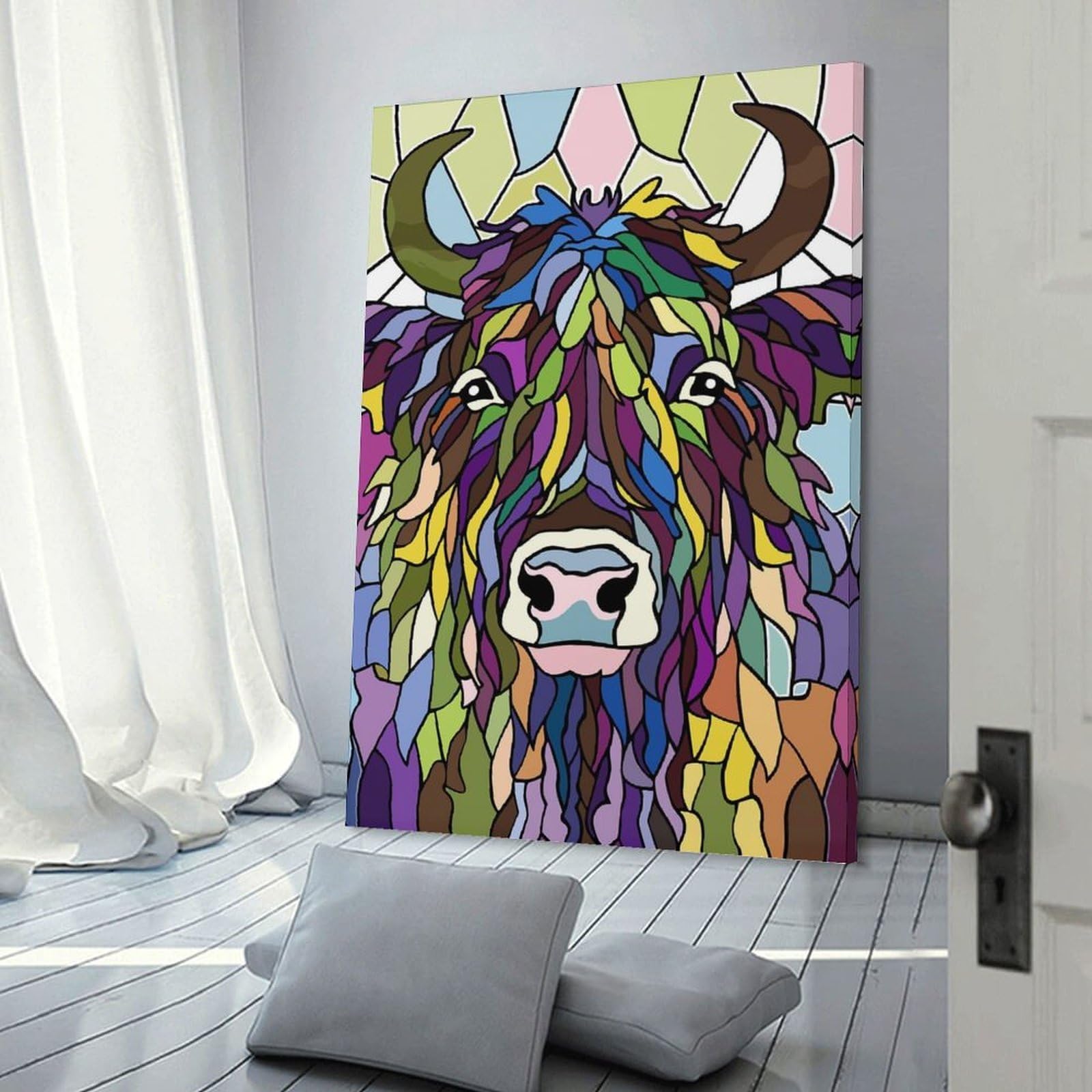 Junmoney Frame-Style-15-1 Colorful Highland Cow Stained Glass Wall Picture Print 20X30inch(50X75cm), For Lounge Decor, Offices Or Entryway Styling, Versatile Wall Decor For Many Rooms