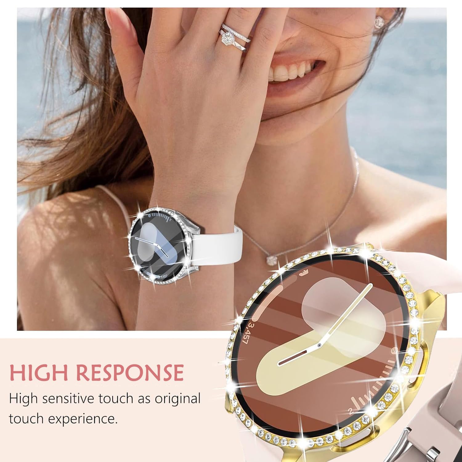 DEALELE [2-PACK] Case Compatible with Samsung Galaxy Watch 5/4 44mm, Bling Single-Row Diamond PC Protective Case Replacement Watch Cover Bumper (44mm, Gold+Transparent) — view 55