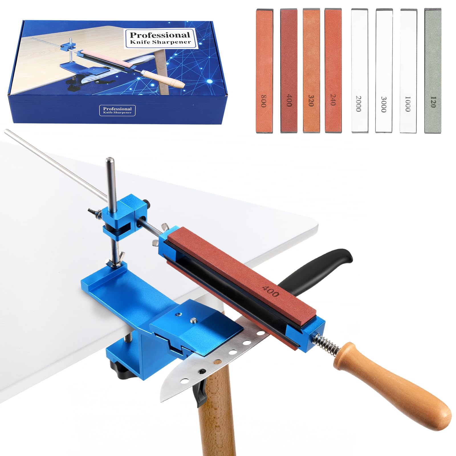 Afilador de cuchillos manual profesional, sistema de afilado de ángulo fijo, con 4 piedras de afilar + 4 diamantes, fijación abrasiva para herramientas de pulido y pulido finas