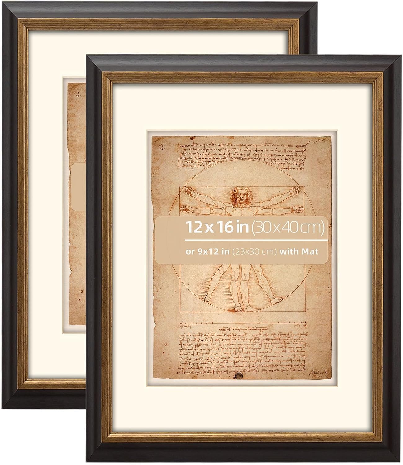 12x16 in 2 Pack Wood Mahogany and Antique Bronze 2 Tone Vintage Retro Picture Frame, With Mat 9x12 inches, Real Wood Classic Profile, Plexiglass Protection, Rustic Bronze Inner Border