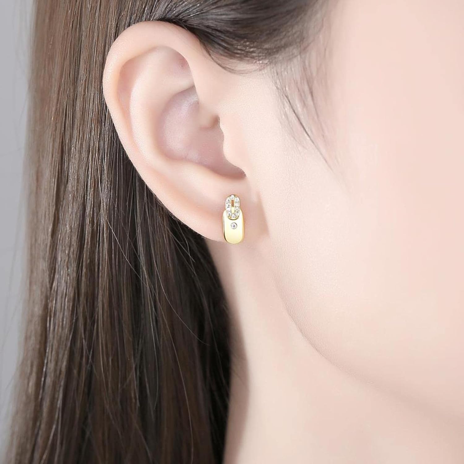 LOKILOKI Double Ovals S925 Sterling Silver Stud Earrings Gold Color Bottle Shape Jewelry Shining Zircon Paved