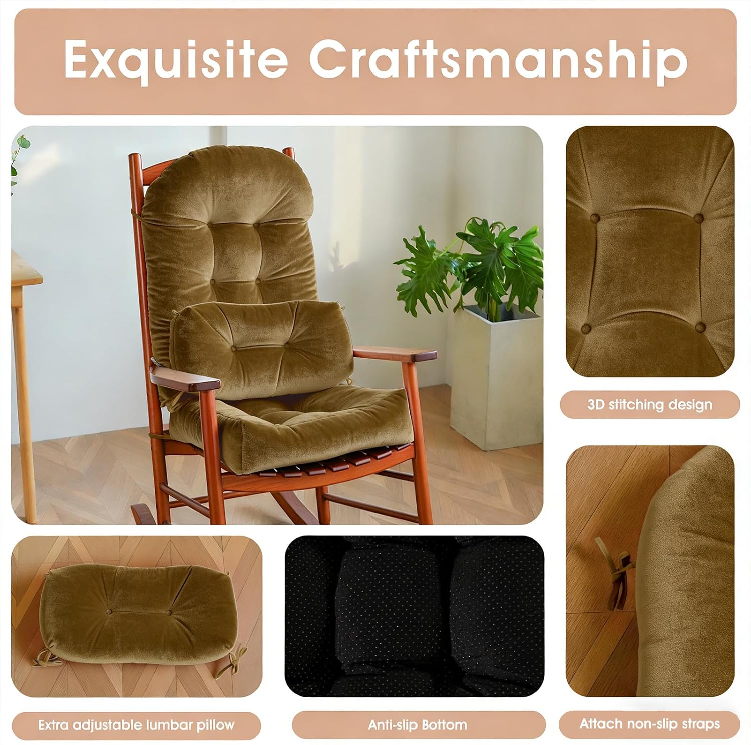 Rocking Chair Cushion Indoor Large Chair Pads Set with Ties Extra Lumbar Pillow Premium Dutch Velvet High Resilience Filler Non-Slip Bottom, Khaki