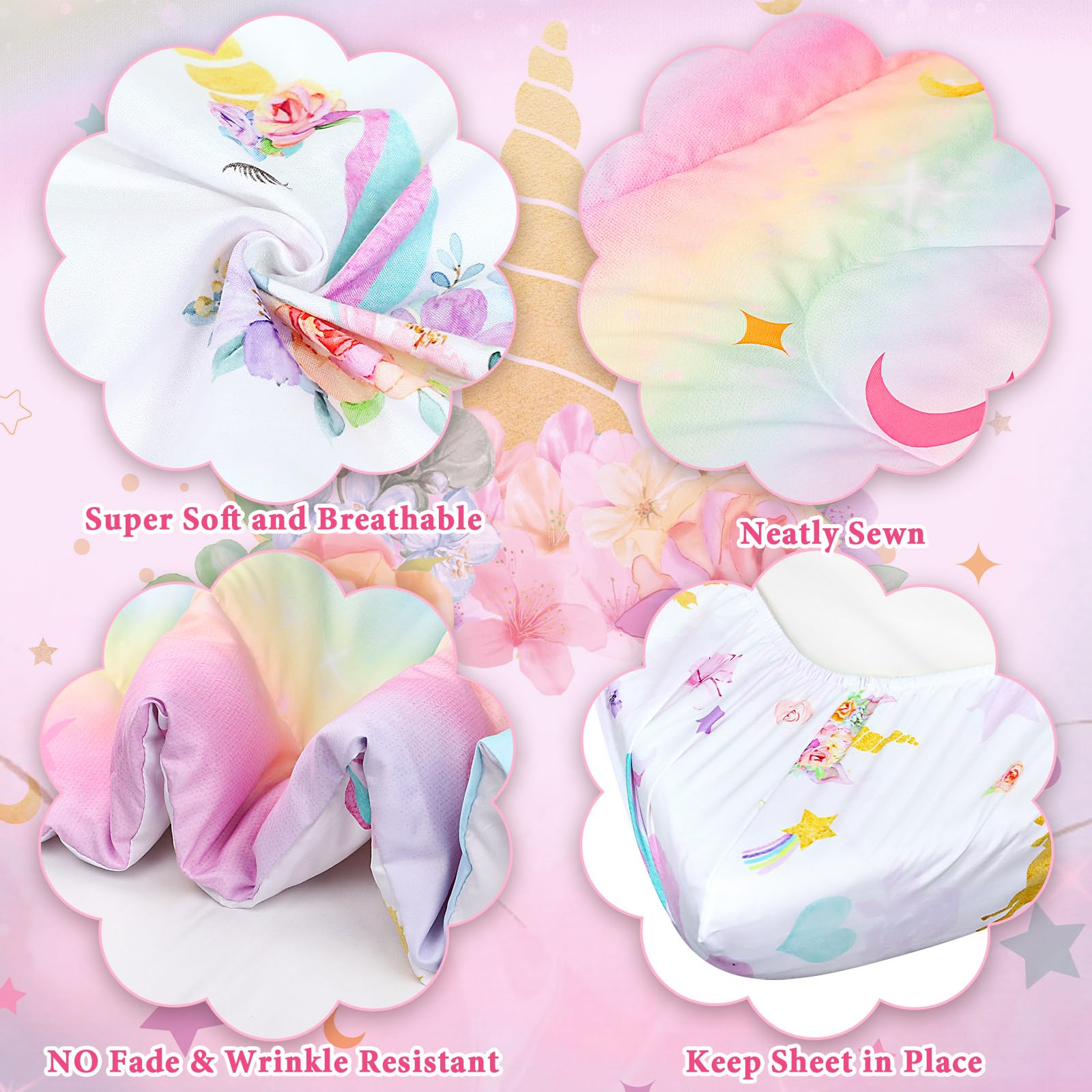 Toddler Bedding Sets for Girls Unicorn Toddler Crib Bedding Set 4 Piece Pink Floral Toddler Comforter Set Includes Flat Top Sheet - Image 3