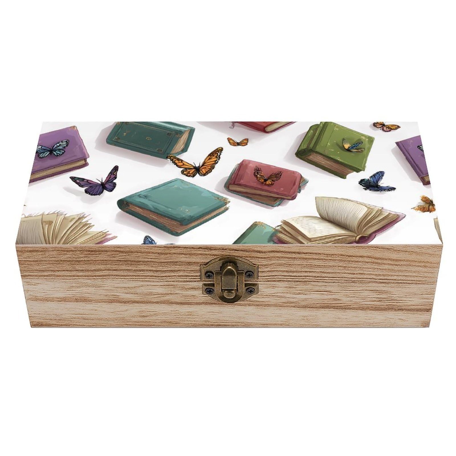 HLBSDM Book Love Butterfly Wooden Box with Hinged Lid Decorative Storage Case Container
