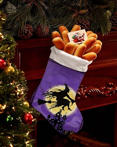 Calcetines de Navidad, adornos de Navidad de Halloween, medias colgantes grandes de piel sintética, castillo de bruja a cuadros morados y negros,