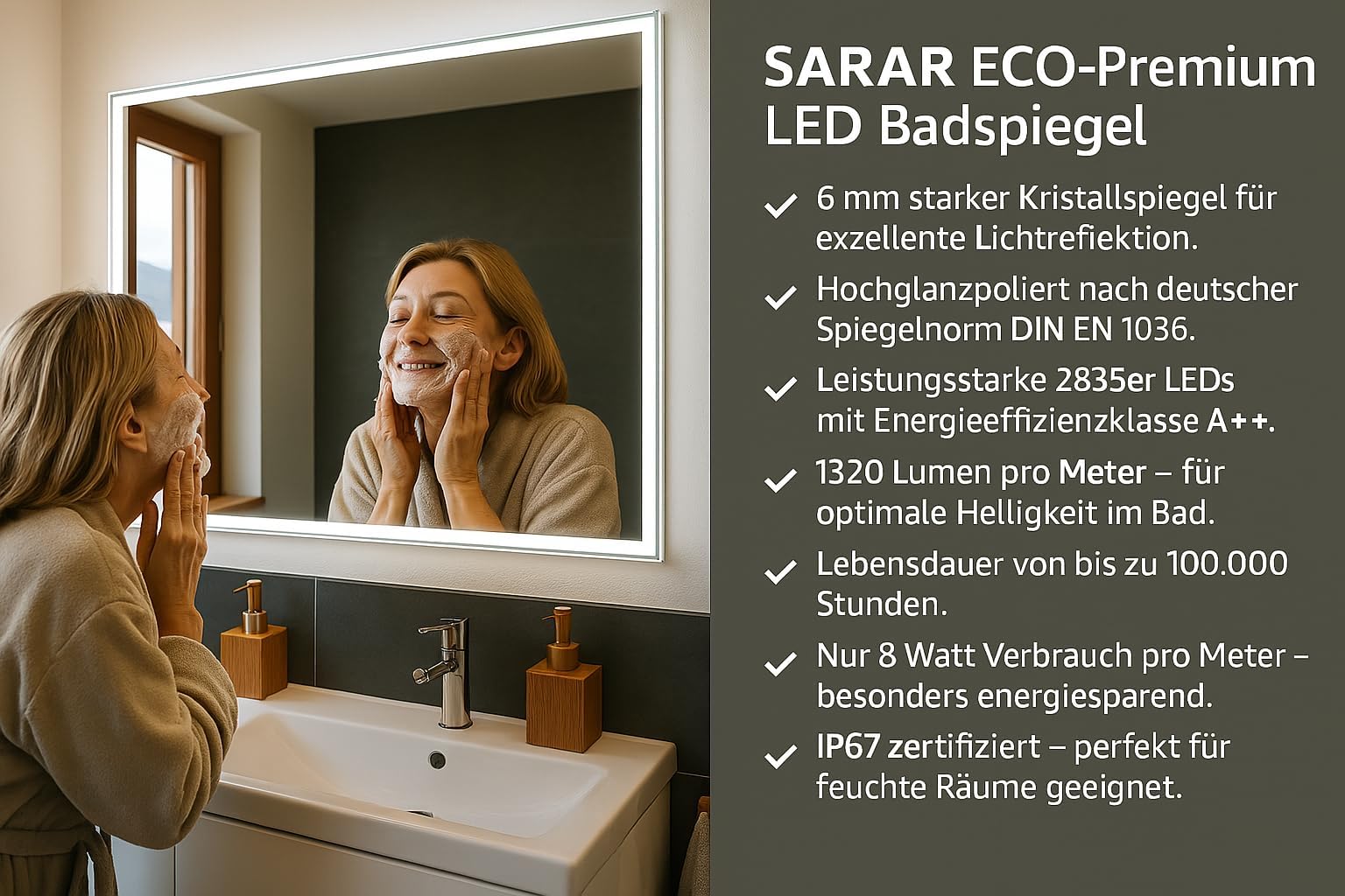 SARAR Badspiegel mit schmaler rundum LED-Beleuchtung 90x70cm Made in Germany Designo MA4111 Wandspiegel Spiegel mit Beleuchtung Badezimmerspiegel nach-auf Maß