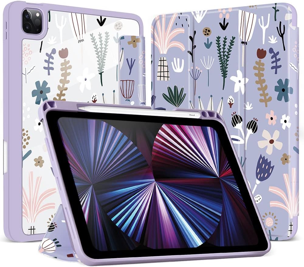 O Ozone Case Compatible With iPad Pro 12.9 2021/2020/2018, Auto Sleep/Wake with Pencil Holder, Anti Scratch, Soft TPU Floral Protective Shockproof Cover Tablet Case Cover-Soft Blue