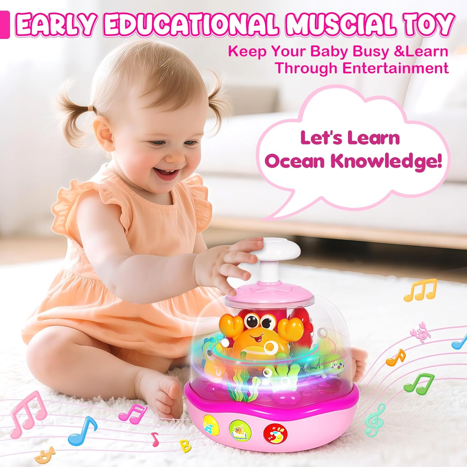 Baby Toys 6-12 Months, Musical Aquarium Infant Toys for 7 8 9 10 11 Months, Early Learning Educational Toy with Sound, Press Glow Spin for Cause and Effect, Christmas Birthday Gifts for Girls - Image 3
