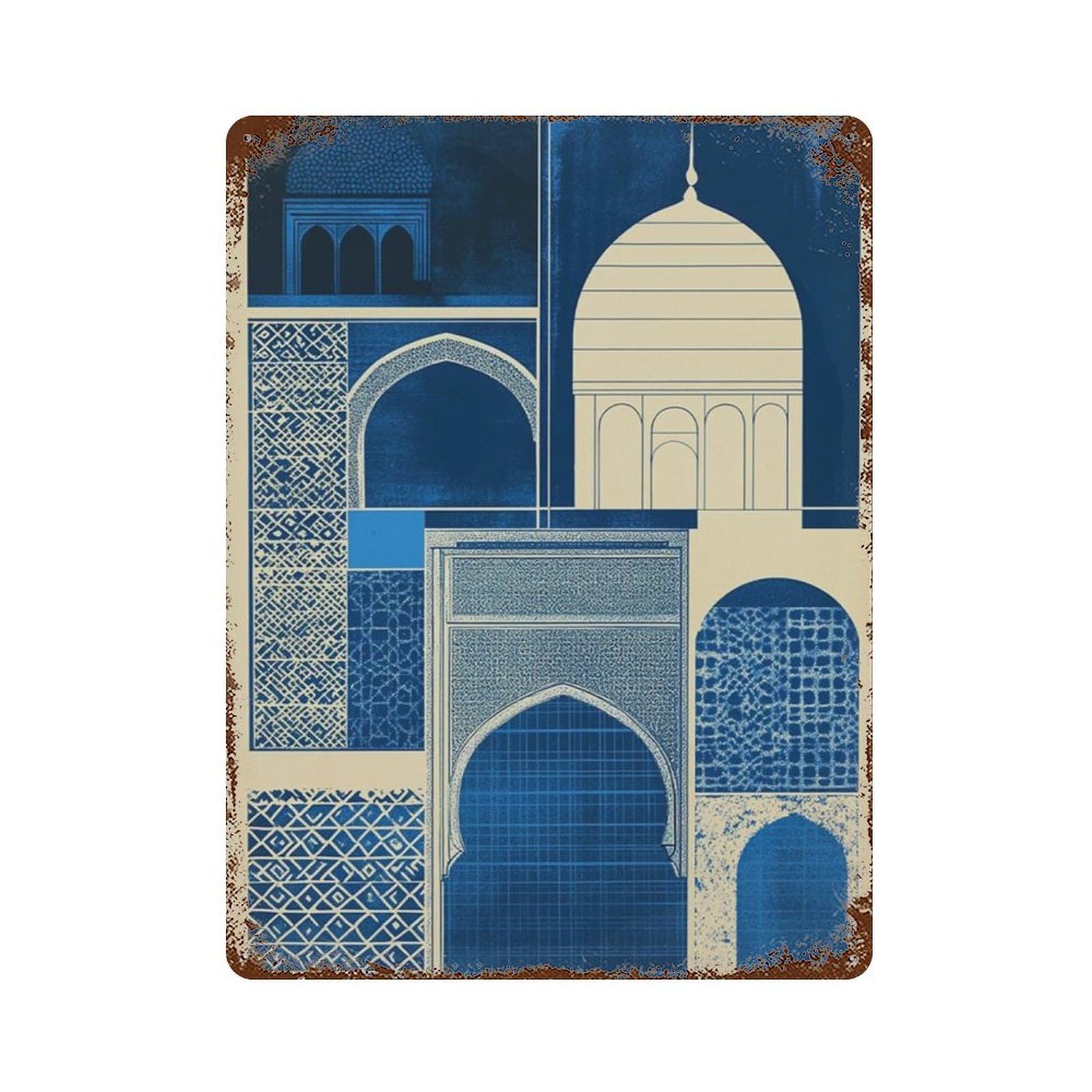 xiaoxiaoshen Moroccan Architecture Blue Geometric Islamic Arch Pattern Wall Decor Art Metal Tin Poster Modern Home Decor Art Home Bar Shop Decorations Vintage Sign 40x30cm