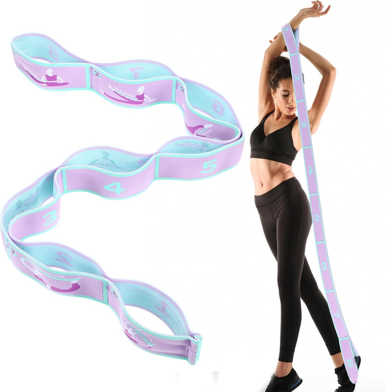 Elastic Yoga Stretching Strap with Loops, Adjustable Stretch Strap Flexible Pilates Stretch Band for Physical Therapy Pilates Yoga Dance Gymnastics Exercise