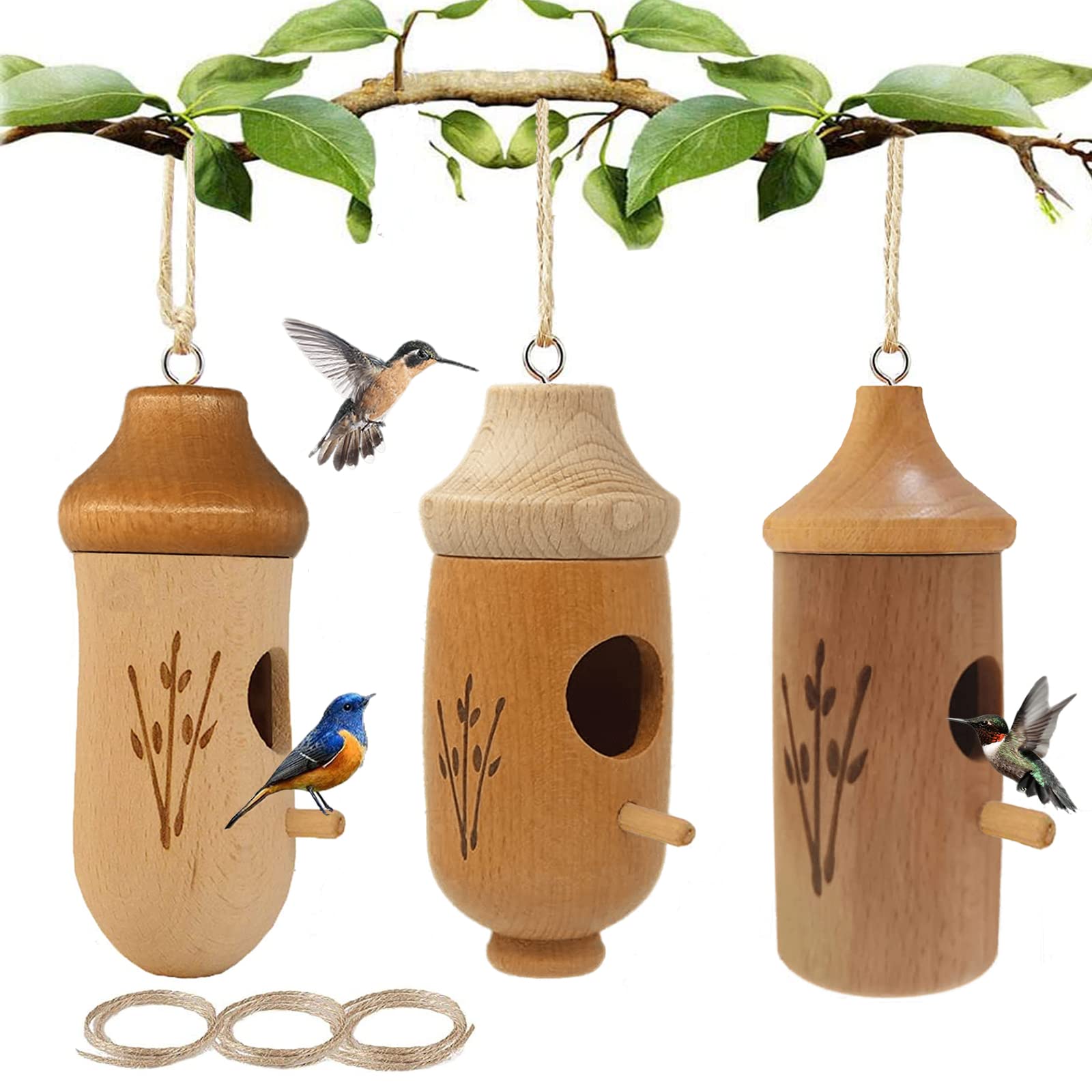 3Pcs Hummingbird Houses, Wooden Bird Houses for Outside Hanging, Hummingbird Houses for Outside for Nesting with 3 Hemp Ropes, Wooden Hummingbird Houses for Garden Gifts Outdoor Home Window Decoration