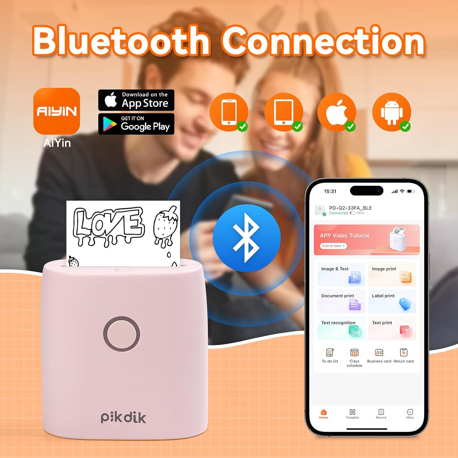 PikDik PD-Q2 printer showing Bluetooth connection process with a smartphone running the Meta Print app.