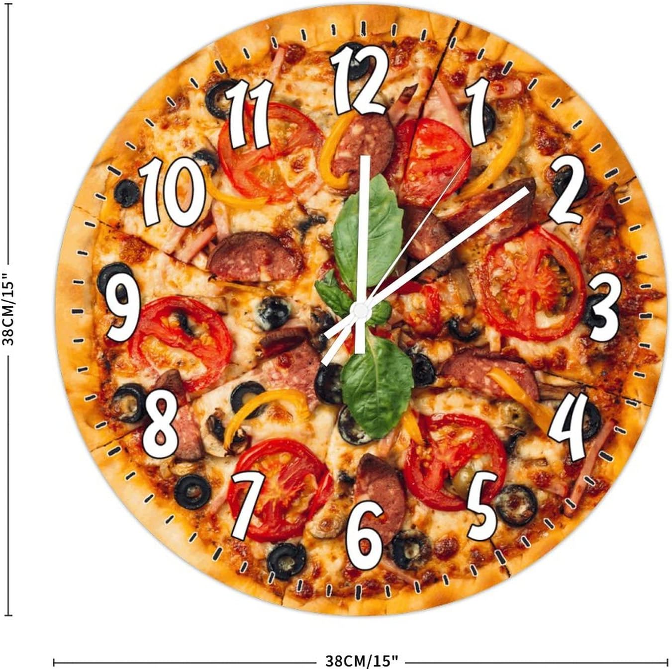 Tomatoes Salami and Olives Pizza Wooden Wall Clock 15Inch Round Clocks Food Kitchen Decor Art Clocks Quartz Battery Operated Wall Clocks Restaurant Clock Modern Decor for Kitchen Bedroom Office
