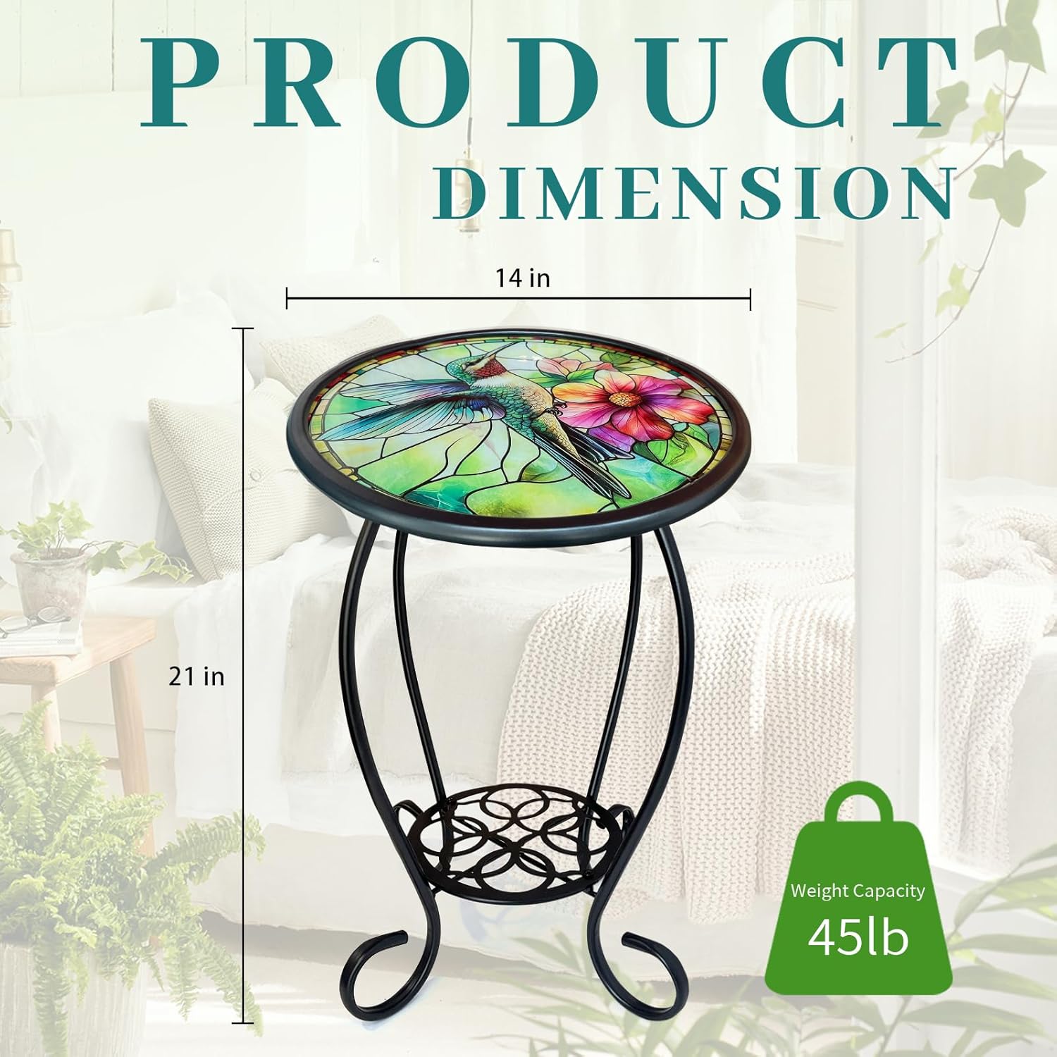 LIFFY Patio Side Table, 14" Round Mosaic Outdoor Table with Glass Hummingbird Tabletop, 21" Height 2-Tier Indoor Small Decorative Plant Stand & Accent Table with Metal Frame for Garden, Yard, Home