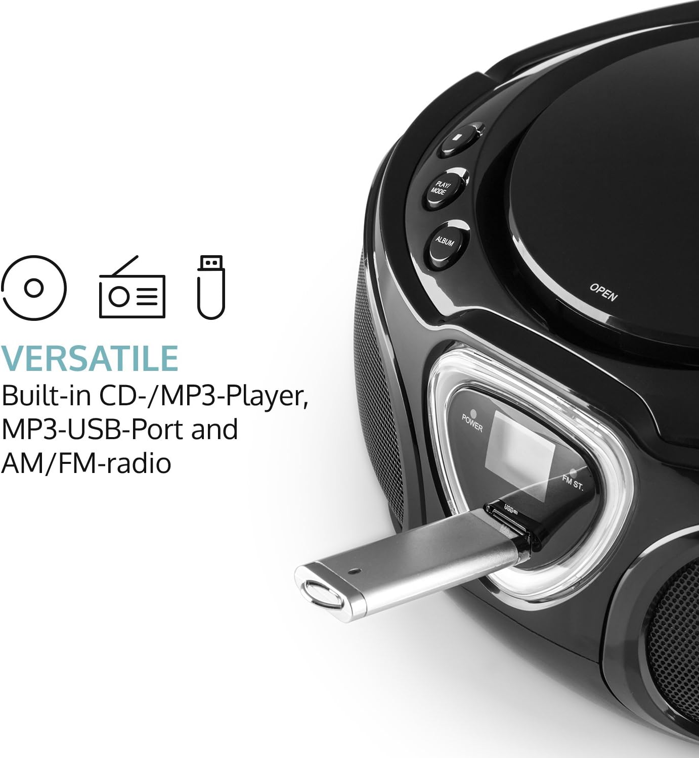 Буйны план view of the AUNA Roadie KIDS Boombox's USB port with a USB flash drive inserted.