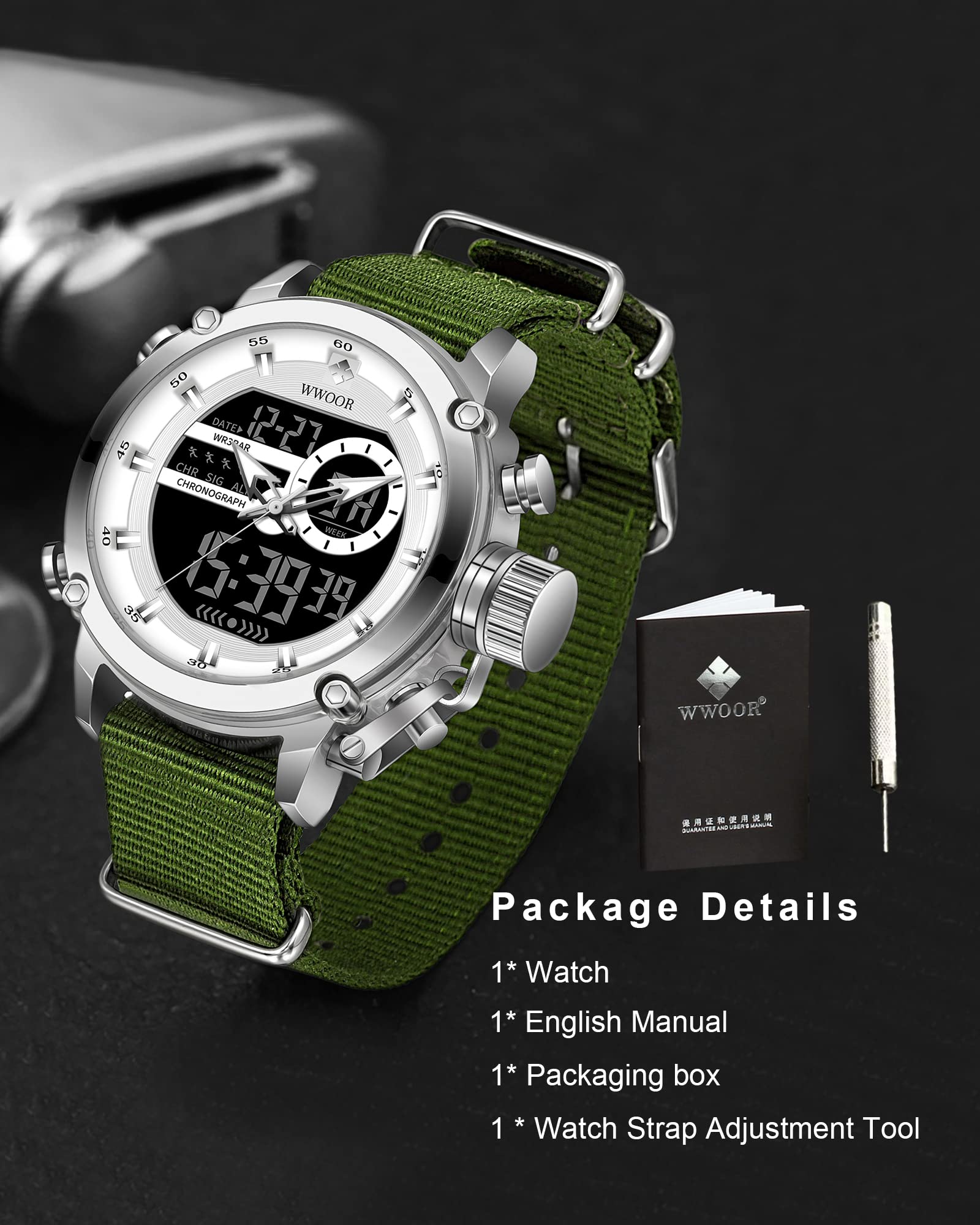 WWOOR Orologio da uomo, sportivo, impermeabile, militare, con data, multifunzione, tattica, orologio da uomo, con sveglia, cronometro, 01-NL-bianco, digitale, al quarzo