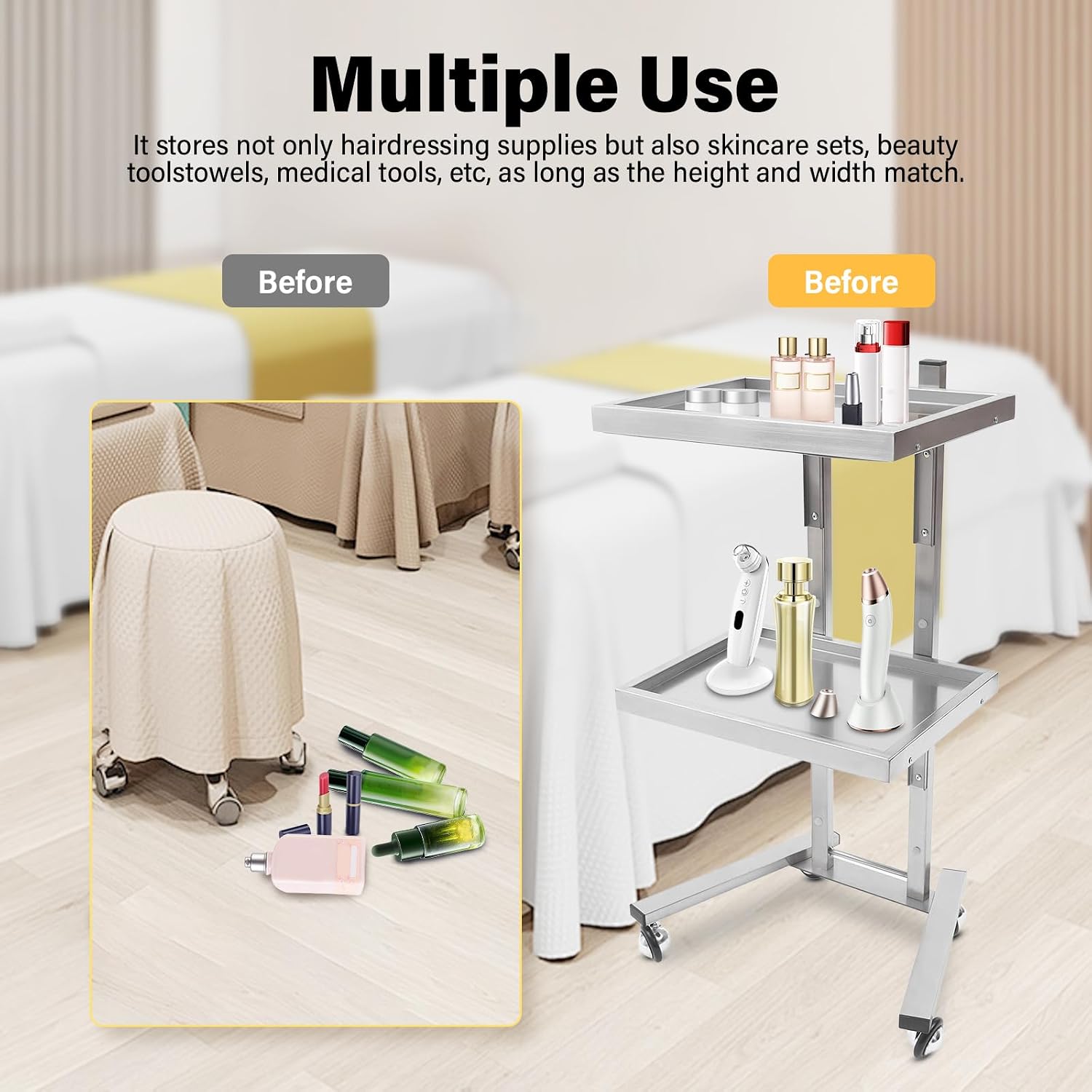 2 Tier Foldable Trolley with Double Storage Tray Stainless Steel Rolling Utility Cart Esthetician Cart with Wheel Mobile Trolley Equipment for Salons Studios Shops image 5