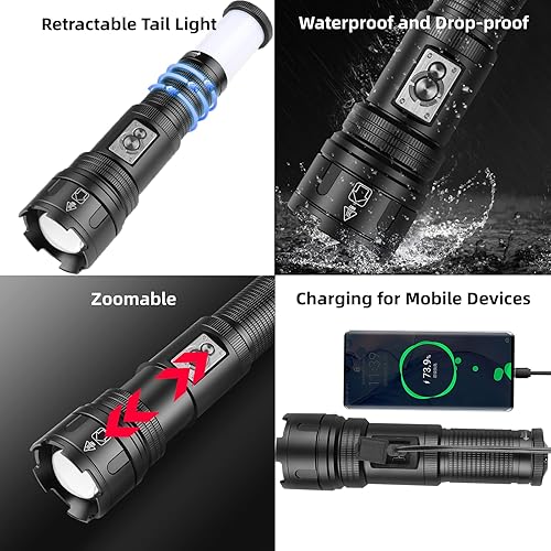 Miniatura 3 de Linternas recargables de alto lúmenes, linterna multifuncional con luz trasera retráctil, 10 modos, linternas tácticas LED de 100000 lúmenes para el
