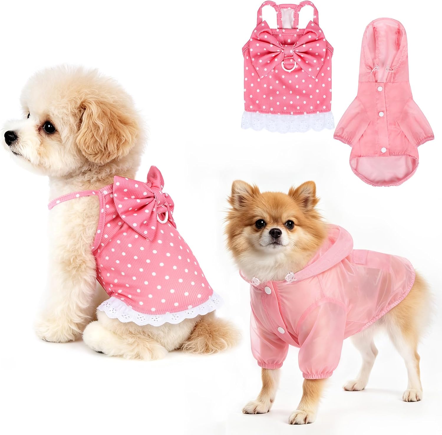 Girl Dog Clothes 2 Piece Set, Pink Polka Dot Sundress Slip Dress & Dog Raincoat, Puppy Outfits Girl for Small Dogs Kittens, Breathable Summer XS