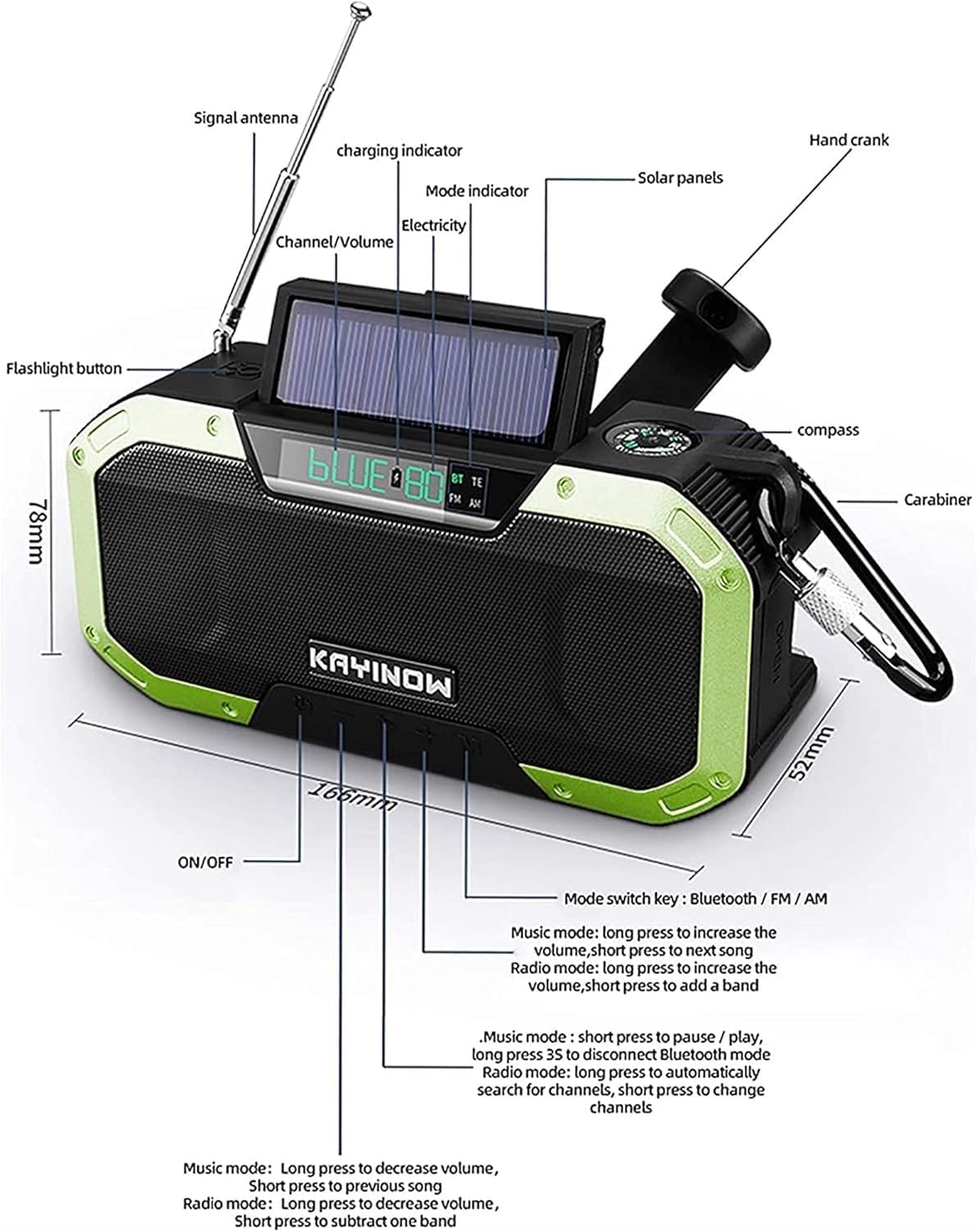 IPX5 Waterproof Hand Crank Emergency Radio,5000mAh Portable Weather Solar Radios with Bluetooth Speaker，AM/FM Emergency Broadcast Radio with Cell Phone Charger