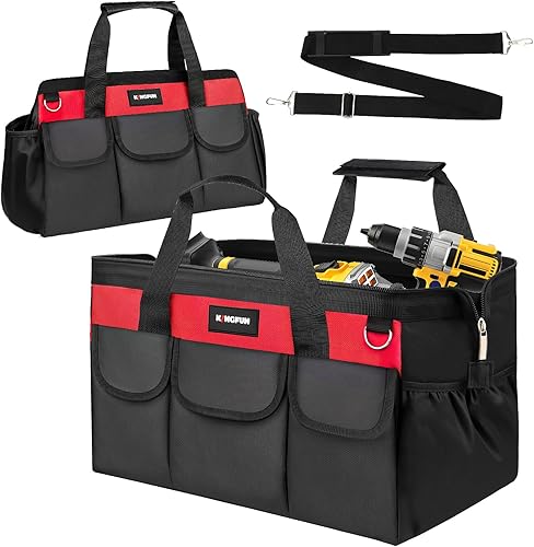 Kingfun Bolsa de herramientas para hombres de 16 pulgadas, organizador de bolsas de herramientas resistentes de 14 bolsillos, correa de hombro