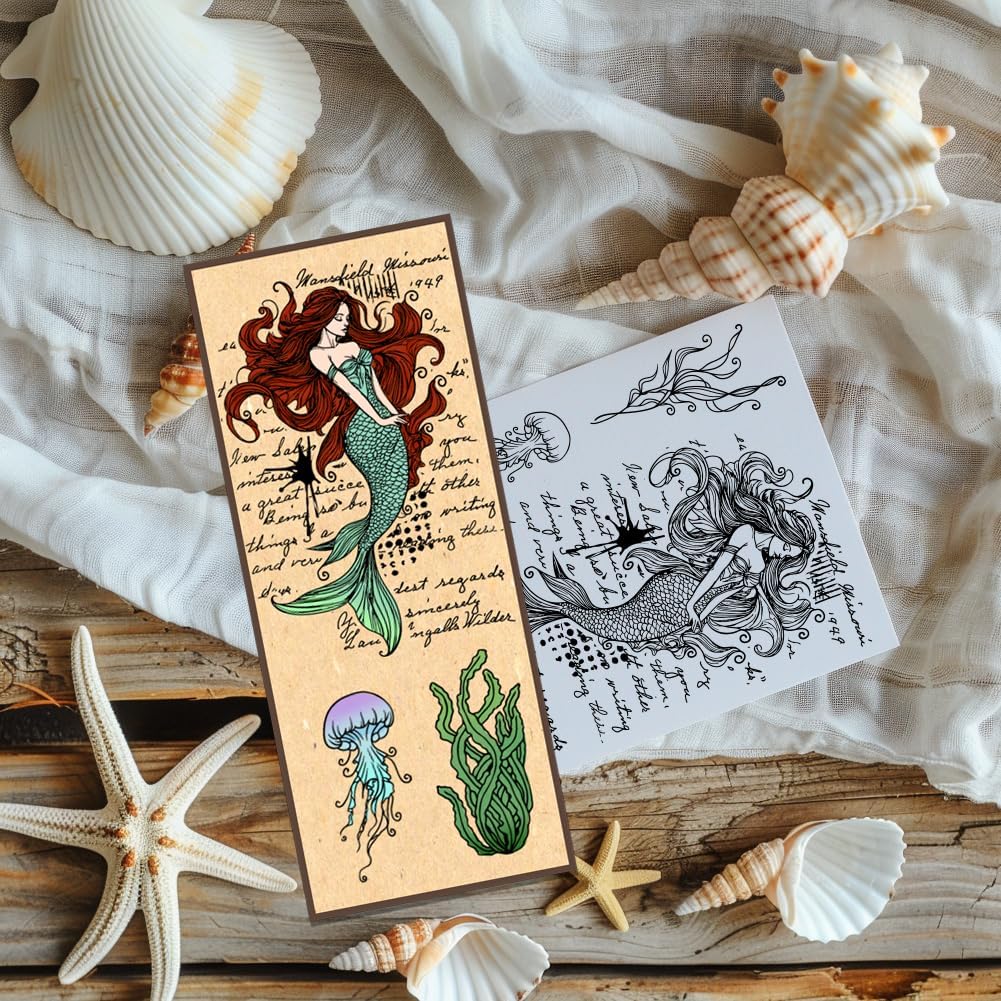 PH PandaHall Mermaid Clear Stamps for Card Making, Jellyfish Fish Coral Rubber Stamps Under The Sea Cards Scrapbooking Stamp Transparent Paper Craft Stamp for DIY Scrapbooking Journal Cards
