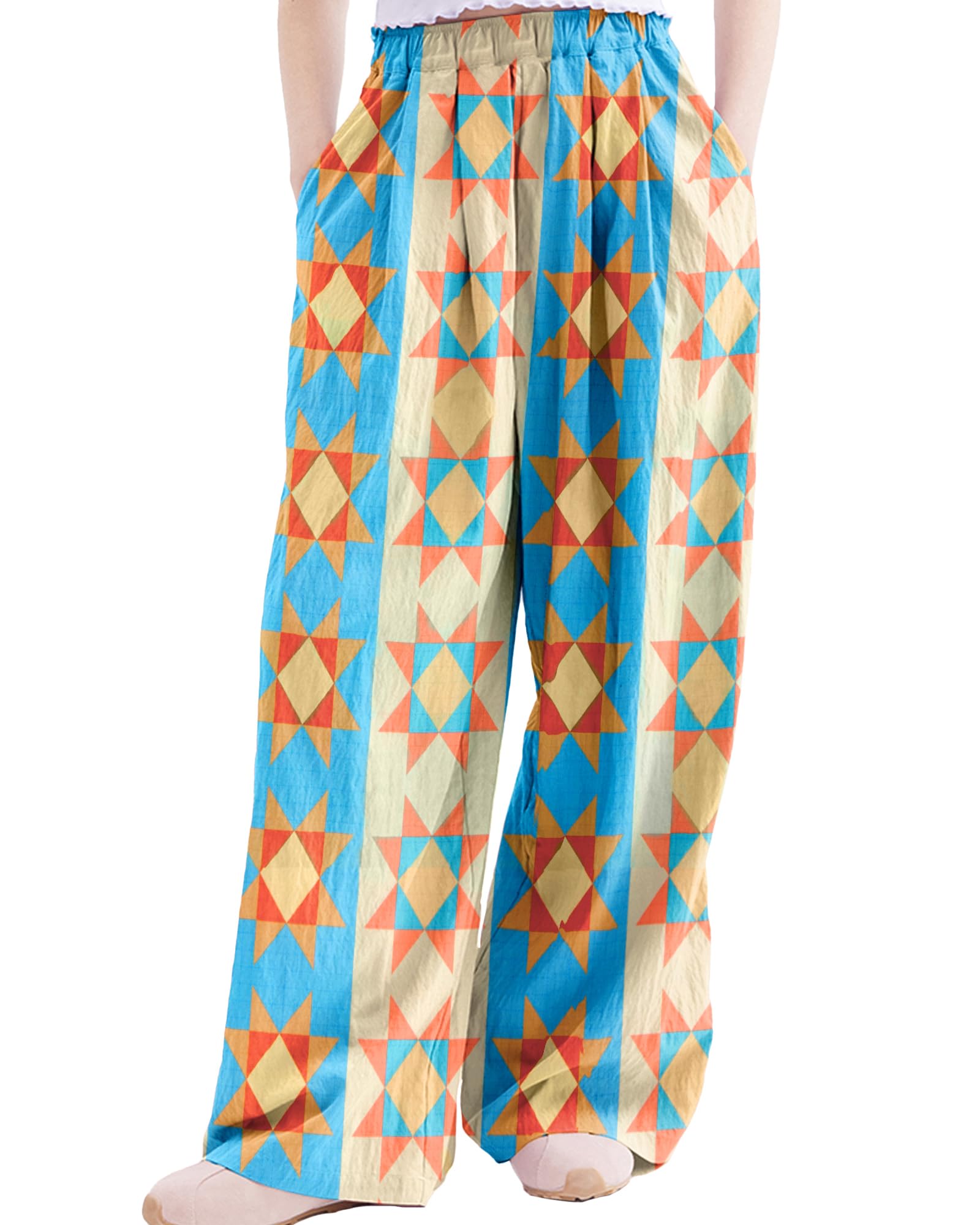 Rolanko Girls Wide Leg Pants Flowy Palazzo Pants for Girls Kids Linen Trousers Loose Fit Casual Beach Travel 6-15Y