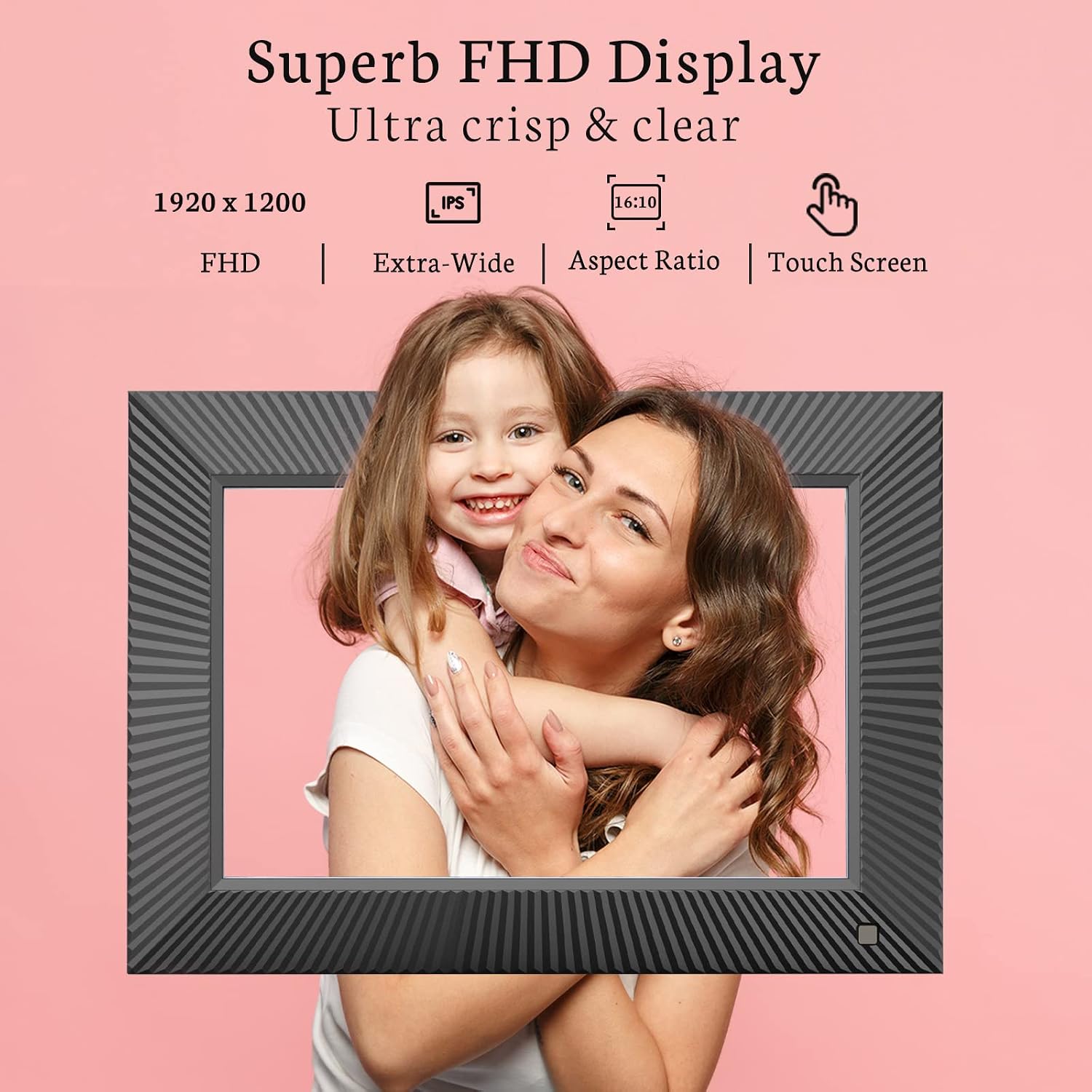 Close-up of the BSIMB Digital Picture Frame screen highlighting FHD 1920x1200 resolution, IPS, 16:10 aspect ratio, and touch screen features.