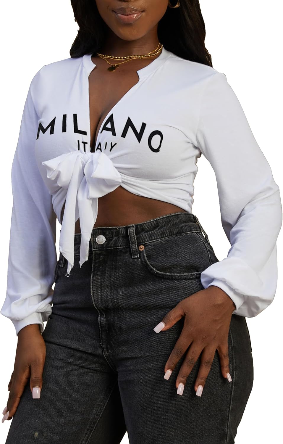 LovelyWholesale Women Tie Front Tops Sexy Cropped Long Sleeve Deep V Neck Shirt Clubwear - Image 2