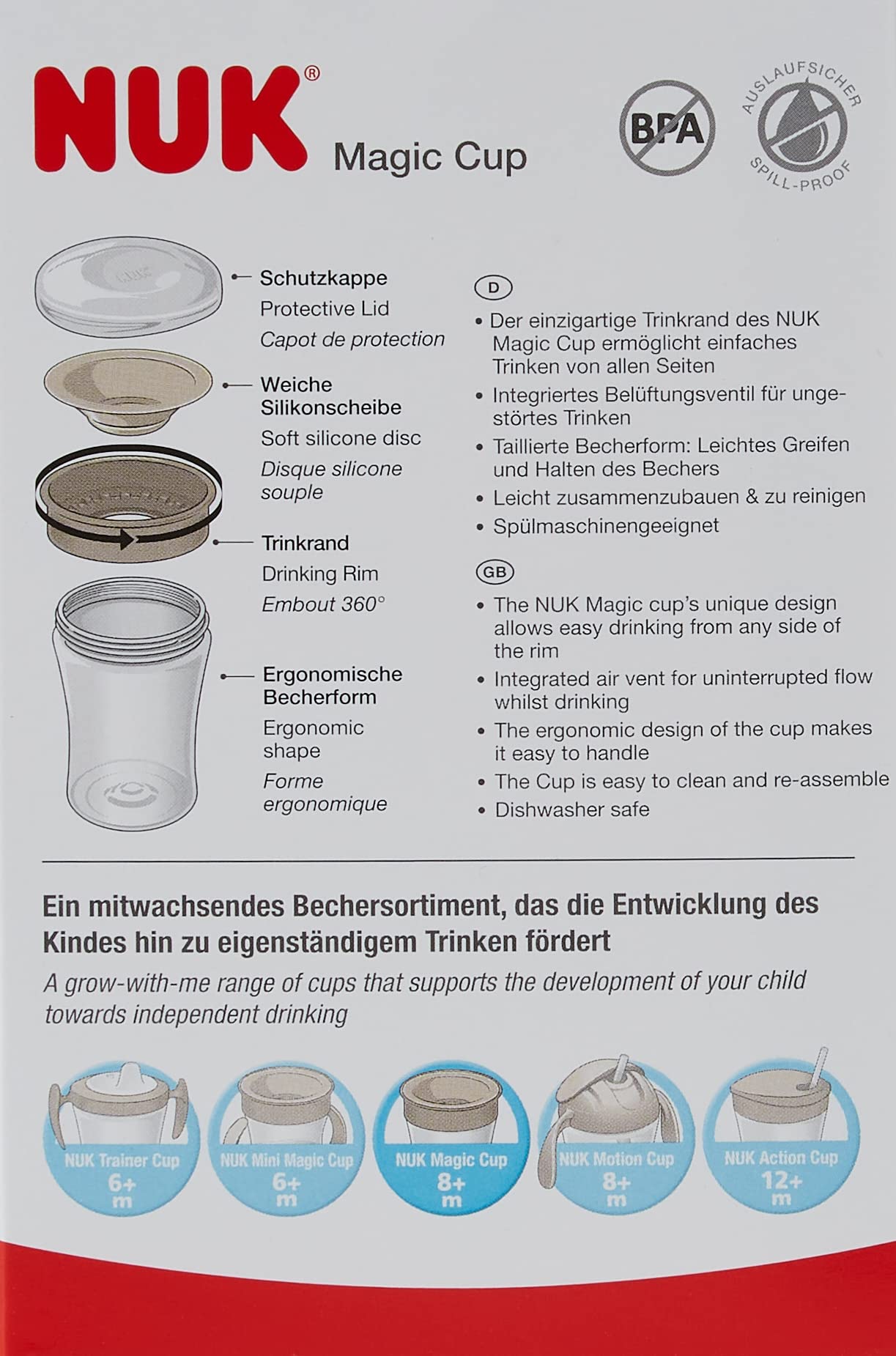 NUK Magic Cup & Mini Magic Cup Lot de 2 gobelets d'apprentissage avec bord étanche à 360° à partir de 6 mois - Anti-fuite et sans BPA - 160 ml et 230 ml - Rouge