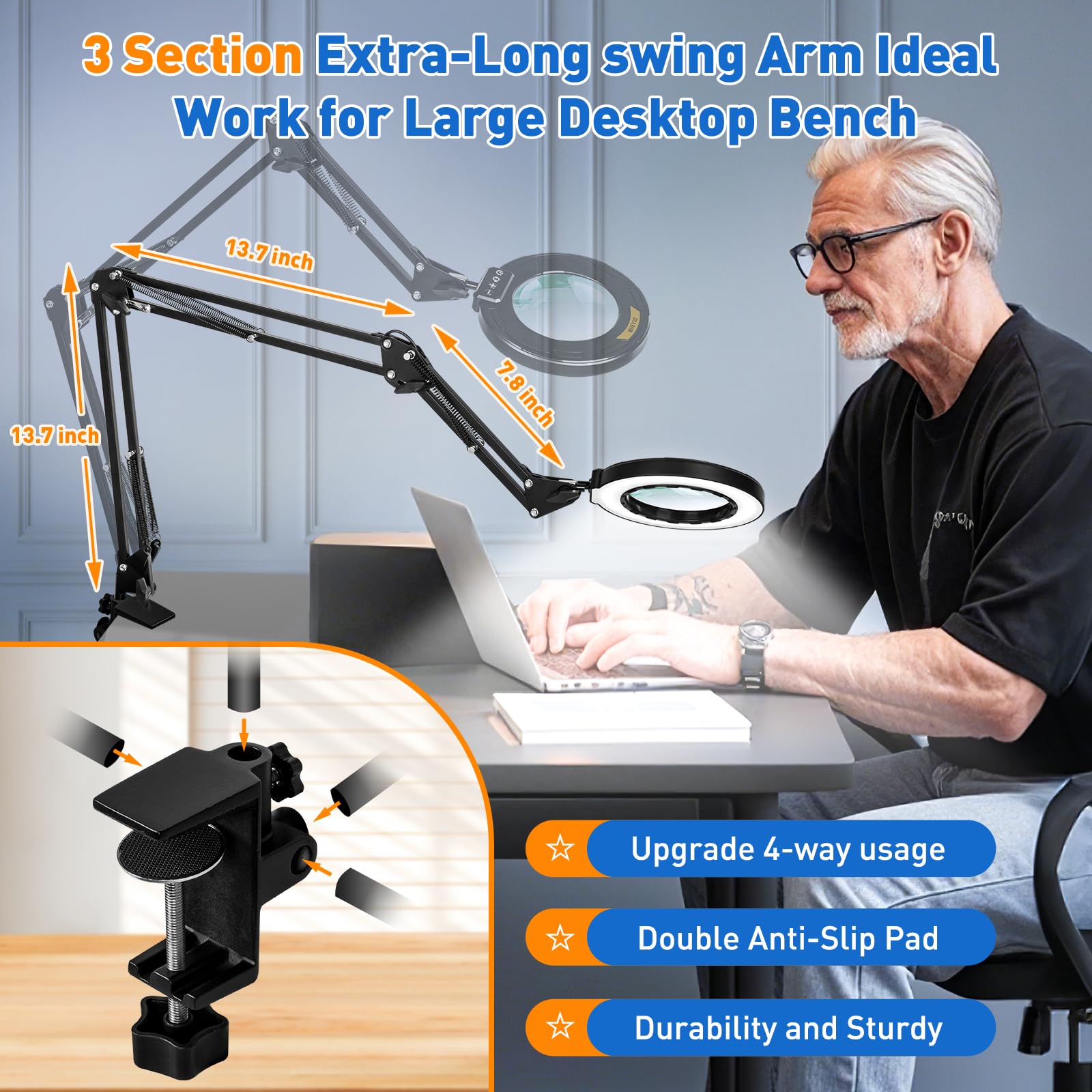Lámpara de Escritorio de Lupa con Brazo oscilante de 3 Secciones y Abrazadera Grande, Lupa con luz y Soporte para Leer, Manualidades, Trabajo Cerrado, Color Negro