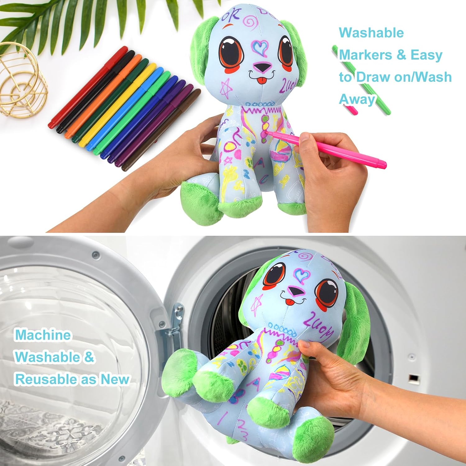 DRAWMYTOY Coloring Plush Toy with 12 Washable Markers for Little Girls Doodle Dolls Arts and Crafts Soft DIY Washable Doodle Stuffed Animal Toy for Kids Ages 4-6 Birthday (Green Puppy)