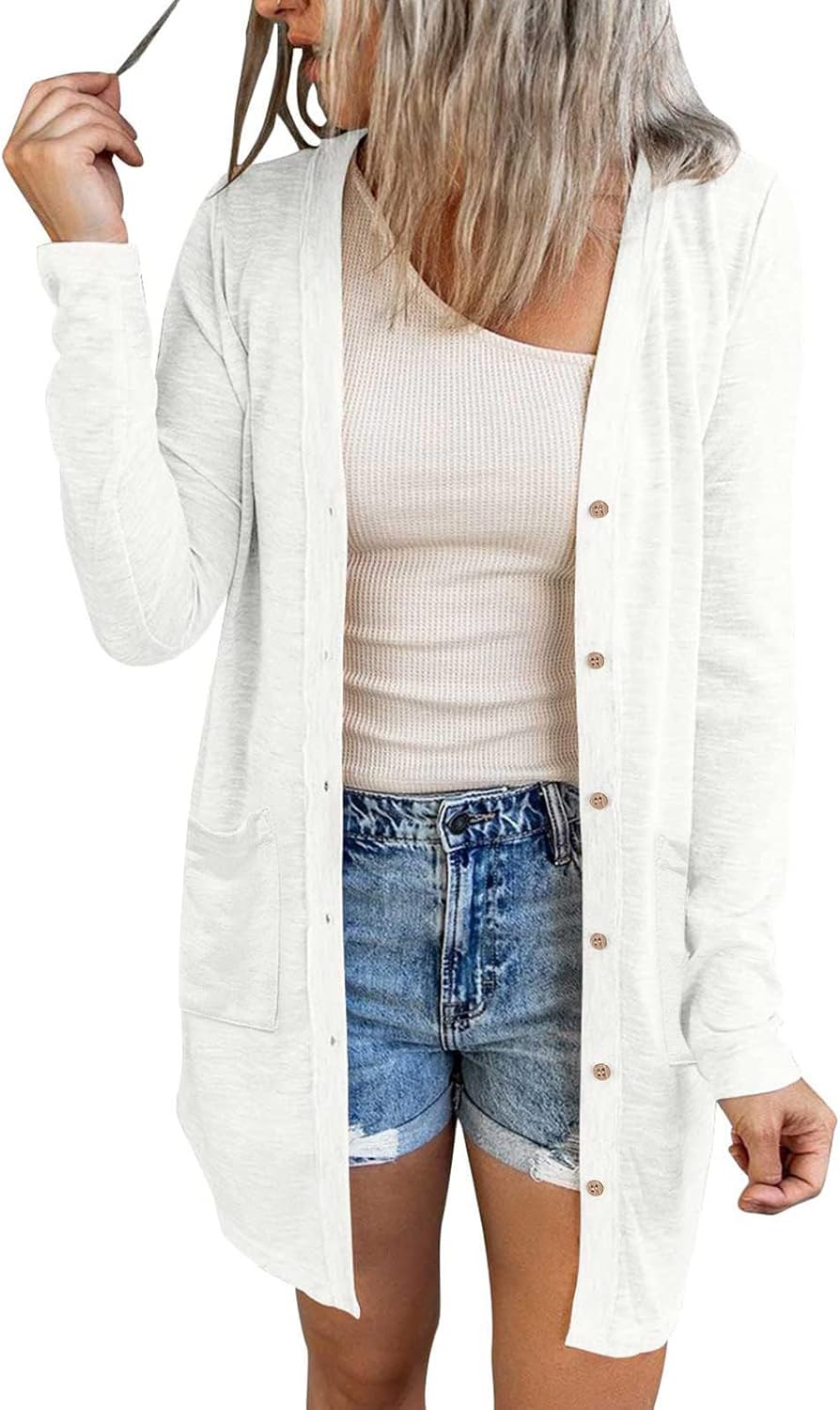 MEROKEETY Women's Lightweight Cardigan Summer Long Open Front Button Down Trendy Loose Outwear with Pockets