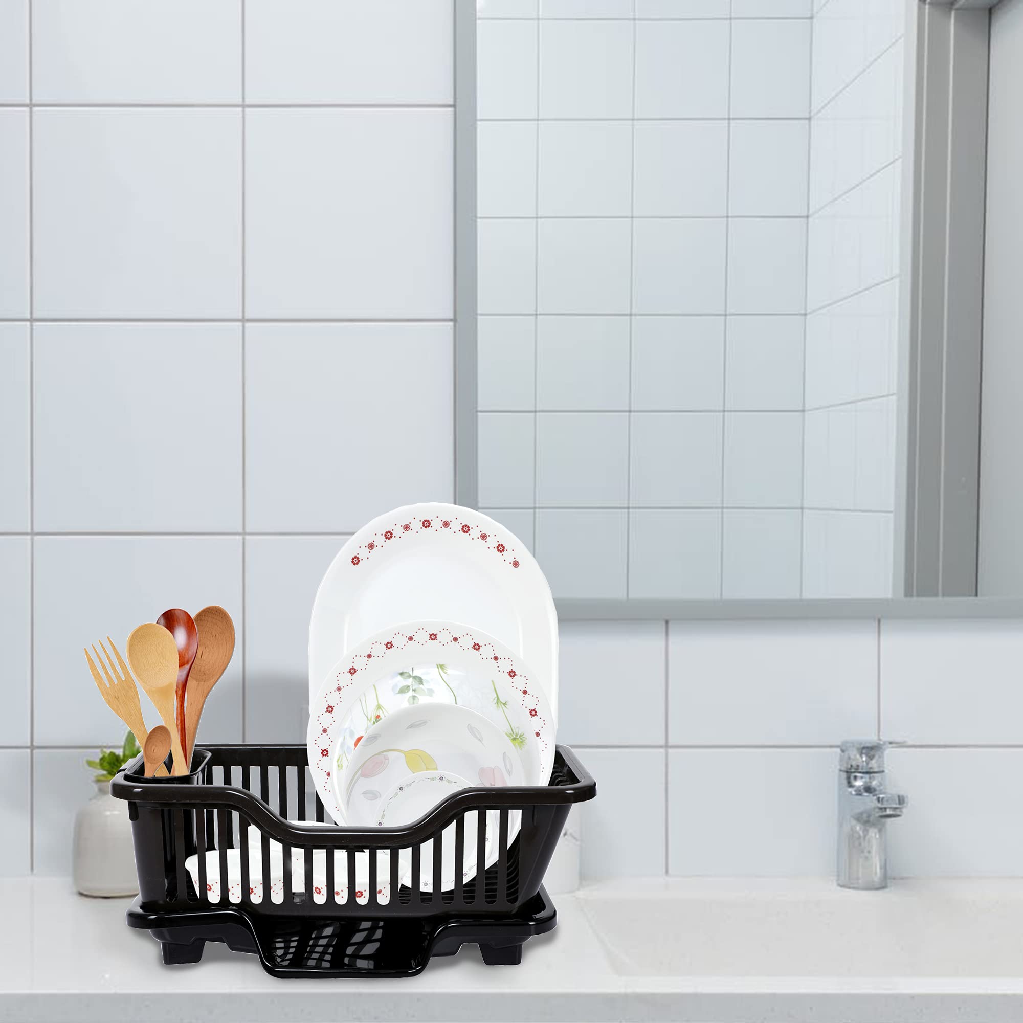 Cutting EDGE 3-in-1 Unbreakable Dish Drying Rack with Removable Drainer Tray & Spoon Holder | Heavy-Duty Kitchen Organizer Basket (Dark Brown) - Image 4 thumbnail