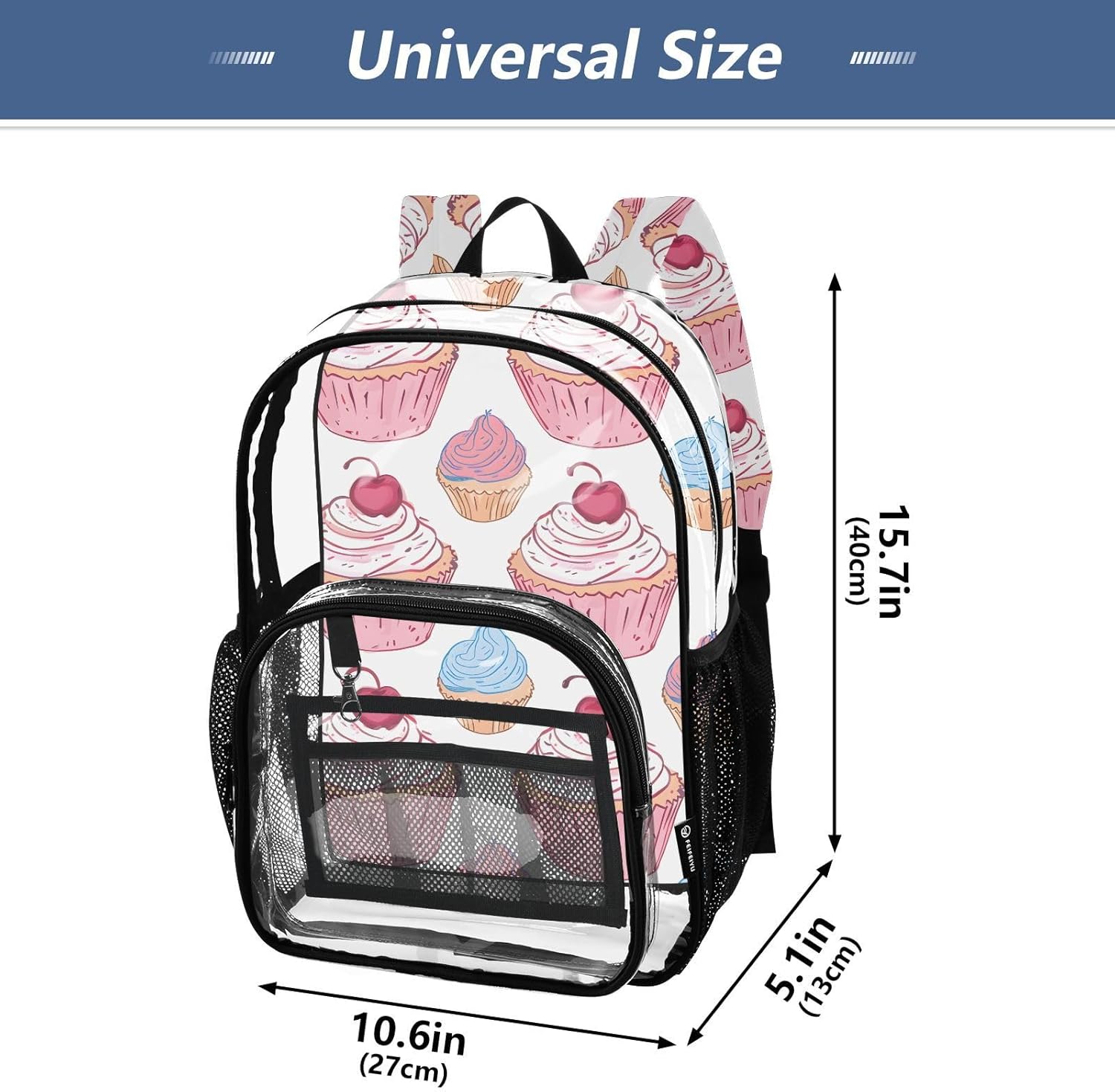 Cupcake Cherry Fruit Stylish Clear Backpack Heavy Duty See Through Transparent PVC BookBag for Kids Boy Girl Adult School Work