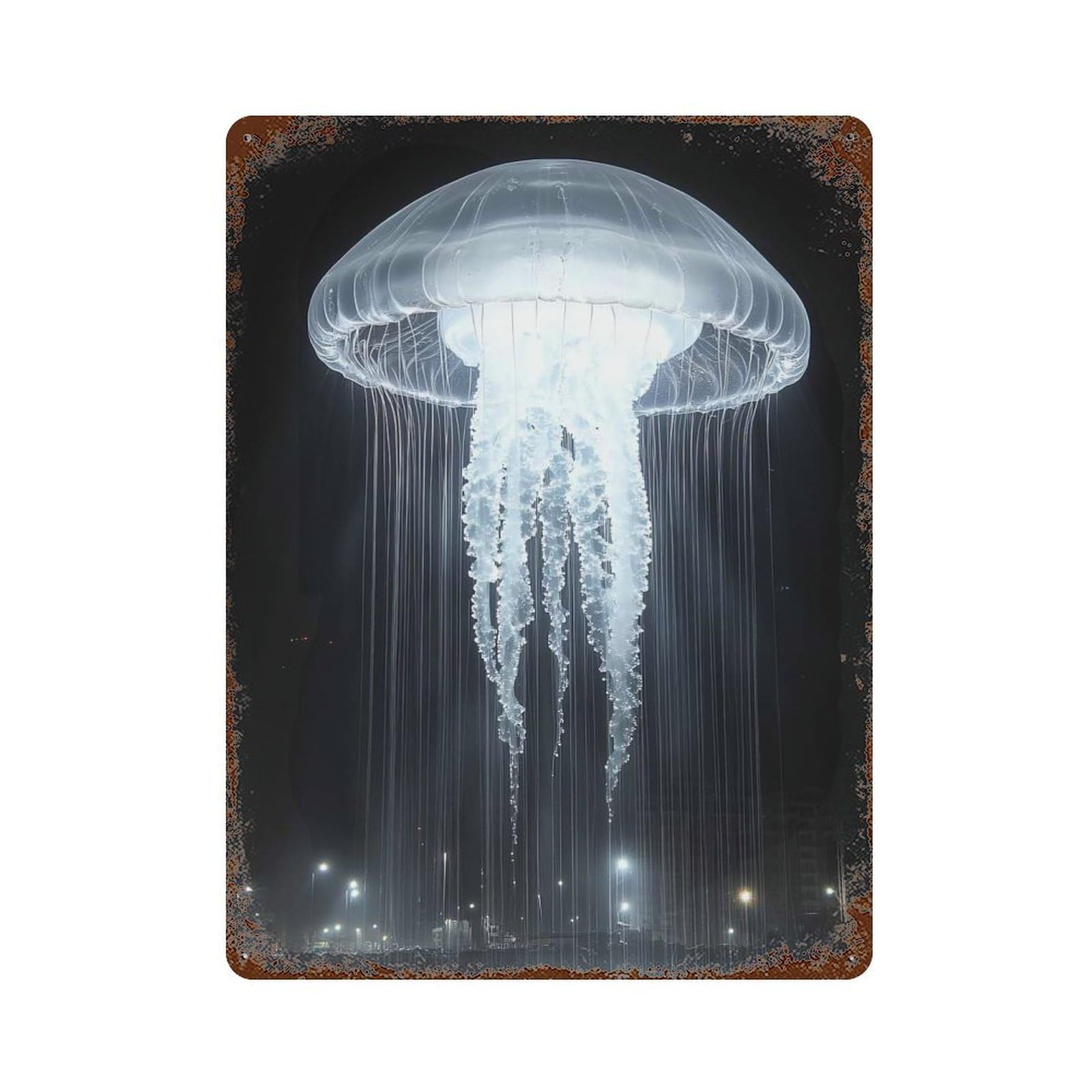 Illuminated Jellyfish Sculpture at Night Rustic Tin Plaque 15.7"x11.8", Ideal for Patio, Garden Room And Bar Decor
