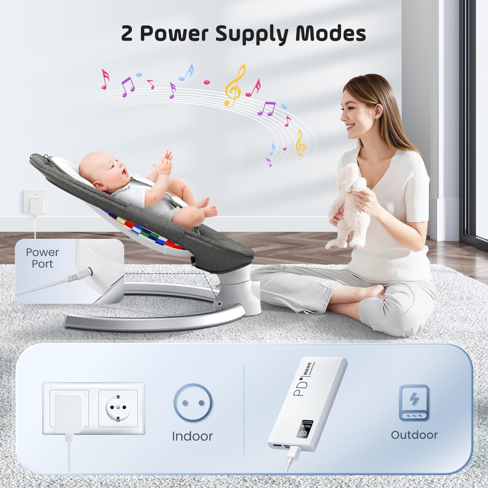 Helangel Altalena per neonati, dondolo elettrico per bambini con app e telecomando, imbracatura a 5 punti aggiornata, 10 musiche Bluetooth e 5 velocità, resiste a 9 kg
