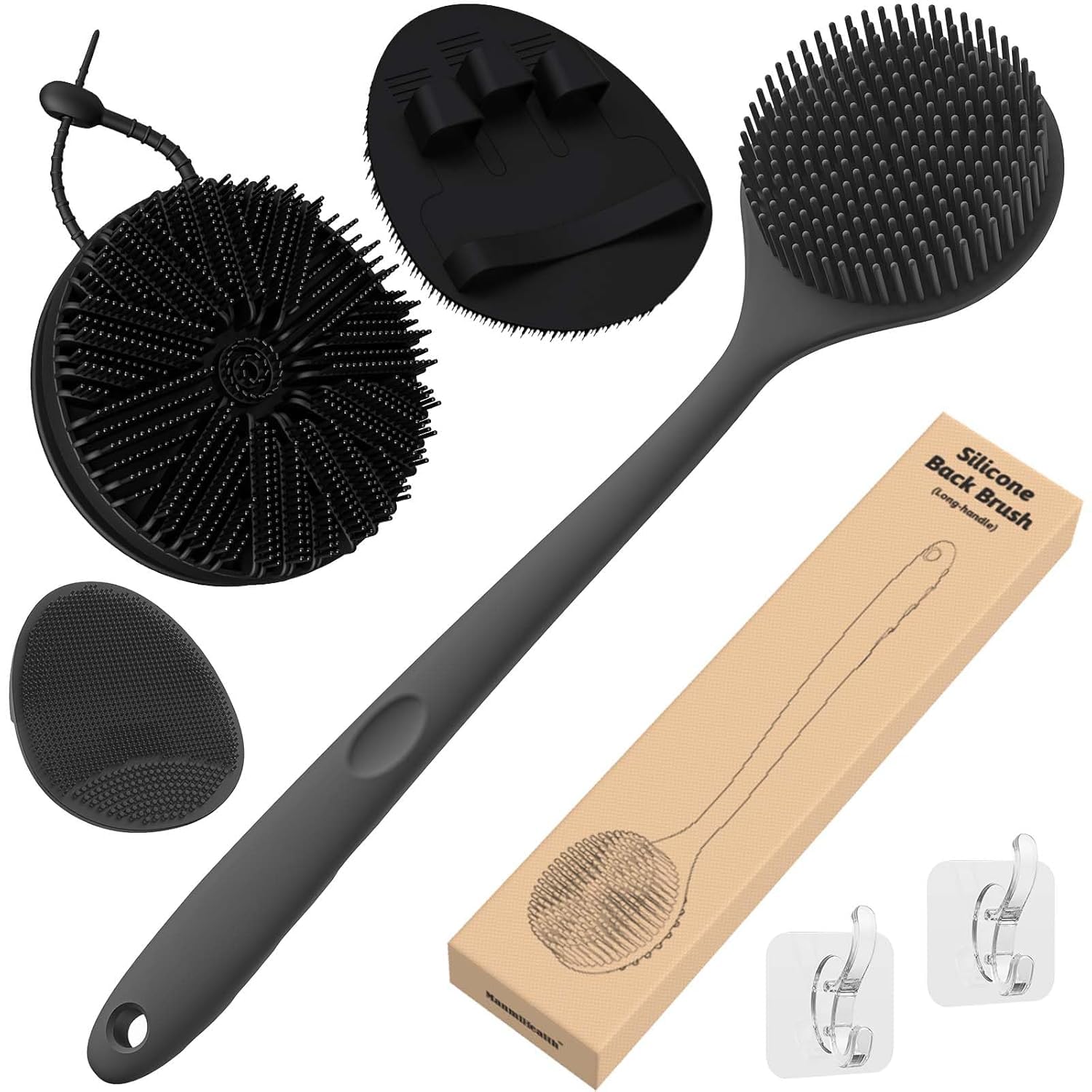 Silicone Back Scrubber & Bath Glove Set 4 PCS | Soft Thin Bristle Exfoliating Body Scrubber & Super Lathering Shower Brush Combo | Includes 2 Free Hooks-image-6