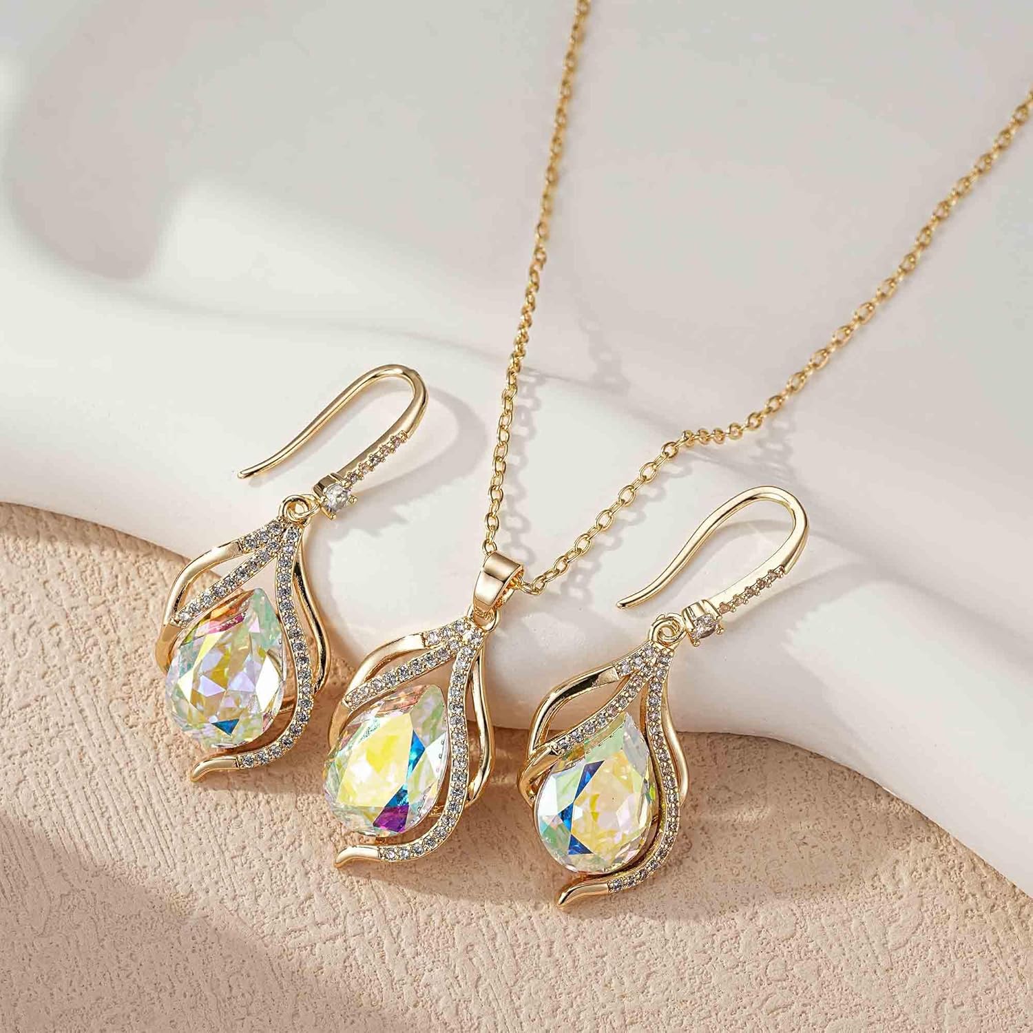 EVEVIC Austrian Crystals Teardrop Hollow Twisted Pendant Necklace Earrings for Women 14K Gold Plated Halo Drop Dangle Earrings Hypoallergenic Jewelry Set - Image 5
