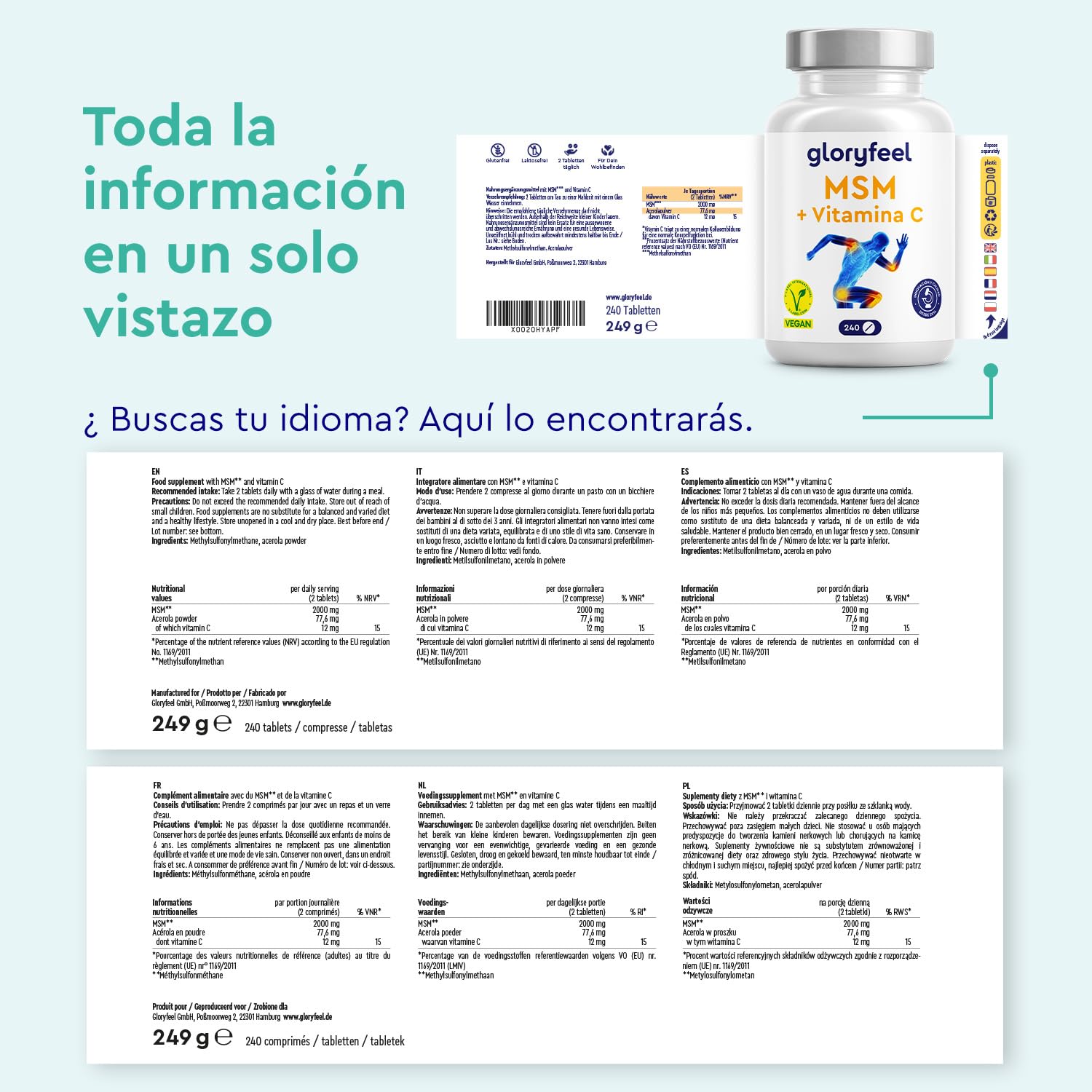 MSM 2000mg + Vitamina C Natural - 240 Tabletas - Para huesos, articulaciones, piel y sistema inmunitario* - Metilsulfonilmetano con Acerola en polvo - Probado en laboratorio y sin aditivos