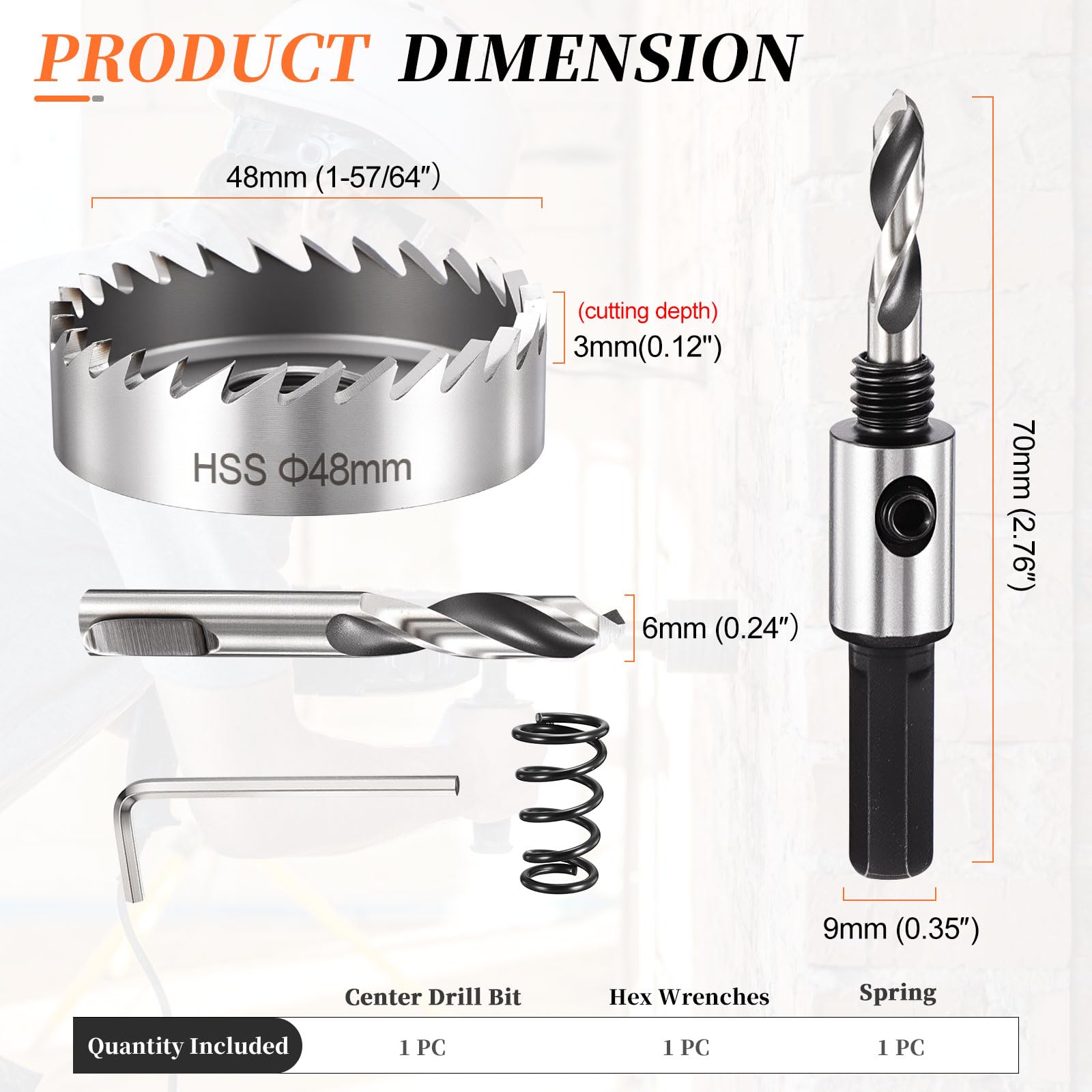 METALLIXITY Hole Saw 48mm (1-57/64"), M2 High Speed Steel Hole Cutter with Center Drill Bit, Hex Key and Spring - Image 2