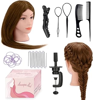 Mannequin Head 26" 100% Real Hair, Doll Head for Hair Styling & braiding with Table Clamp Holder + DIY Hair Styling Set, Mannequin Head for Cosmetology Training Head and Stylist Supplies（Light brown）
